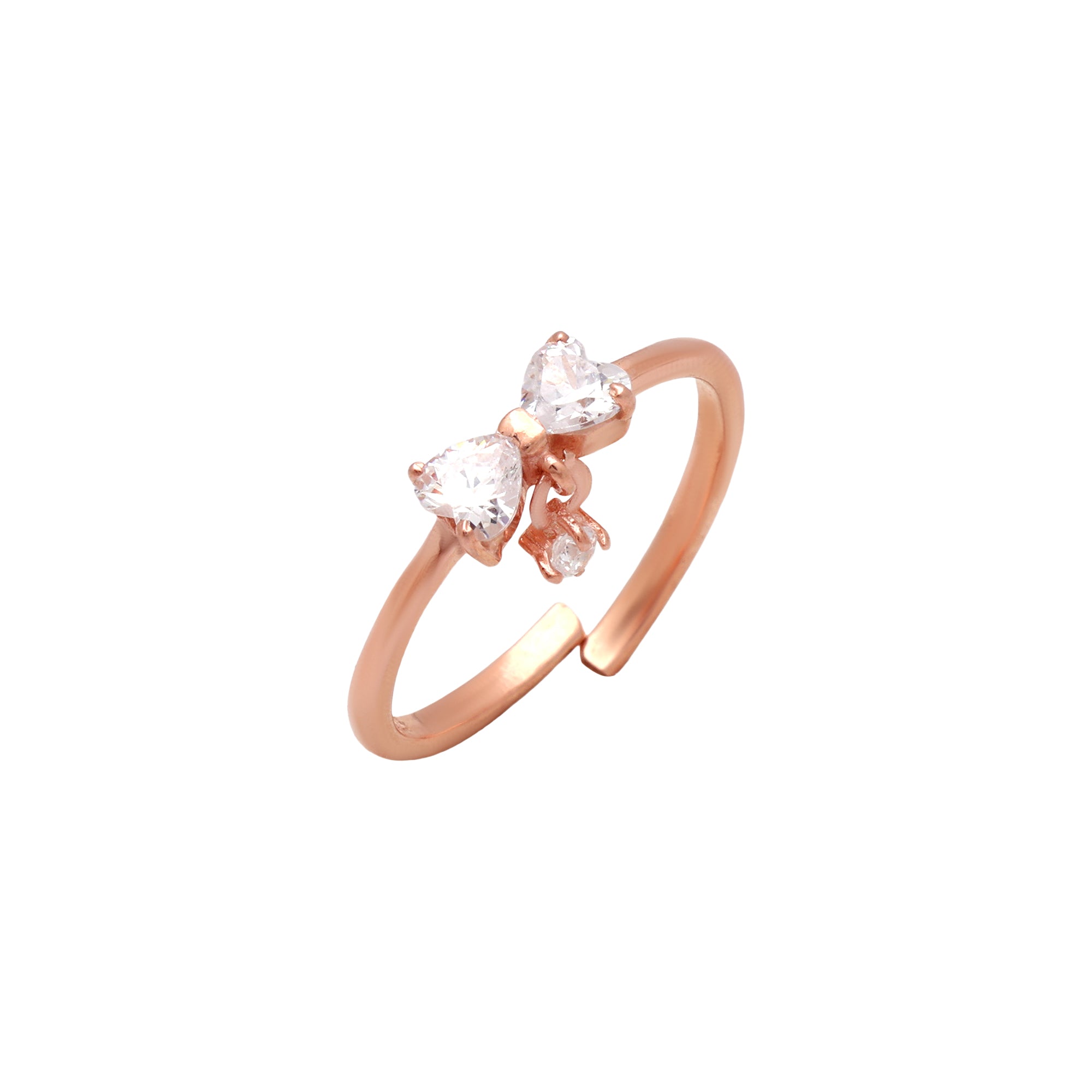 Rose Gold Double Heart CZ Adjustable Ring in 925 Sterling Silver