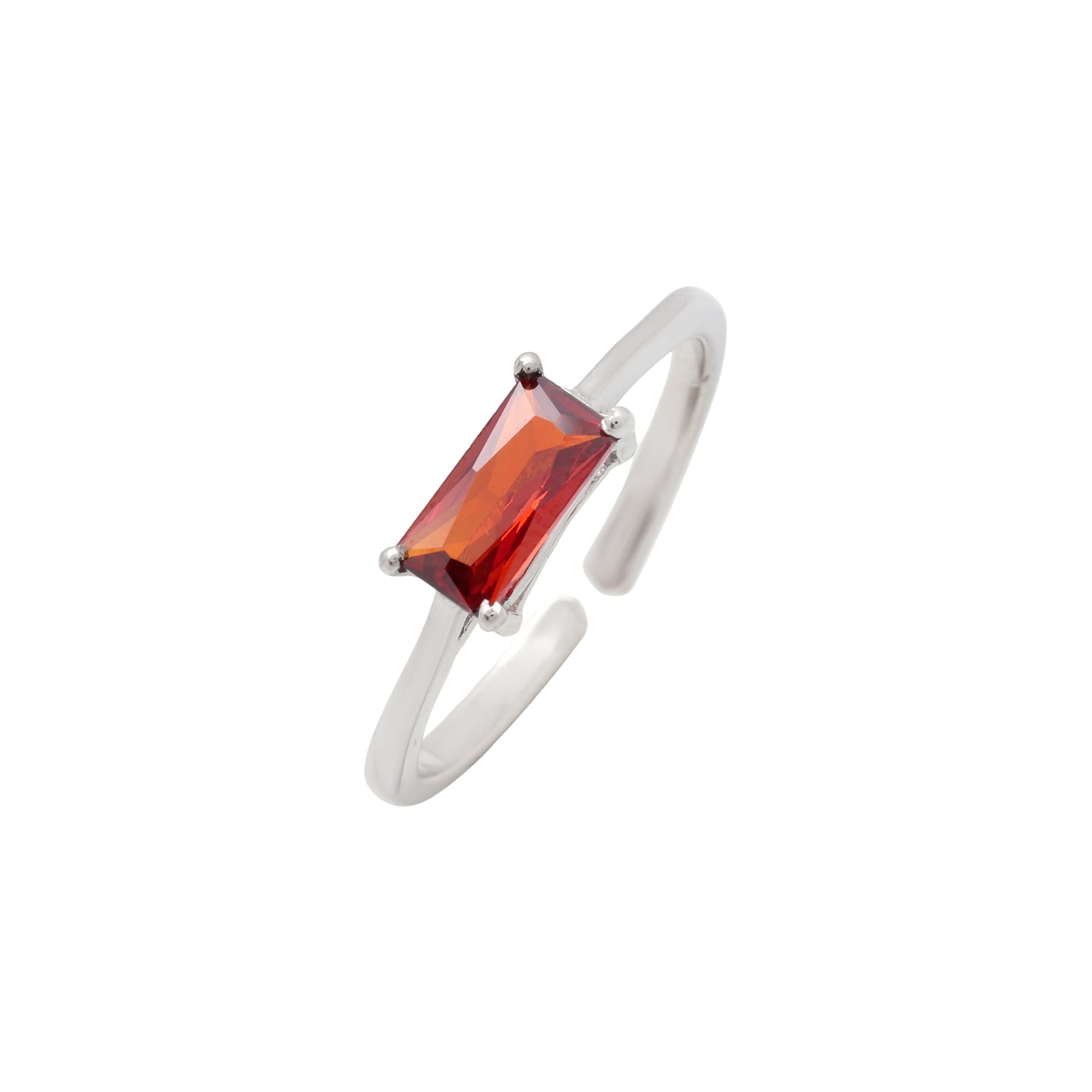 Emerald Cut Red Stone Ring in 925 Sterling Silver – Adjustable Open Band