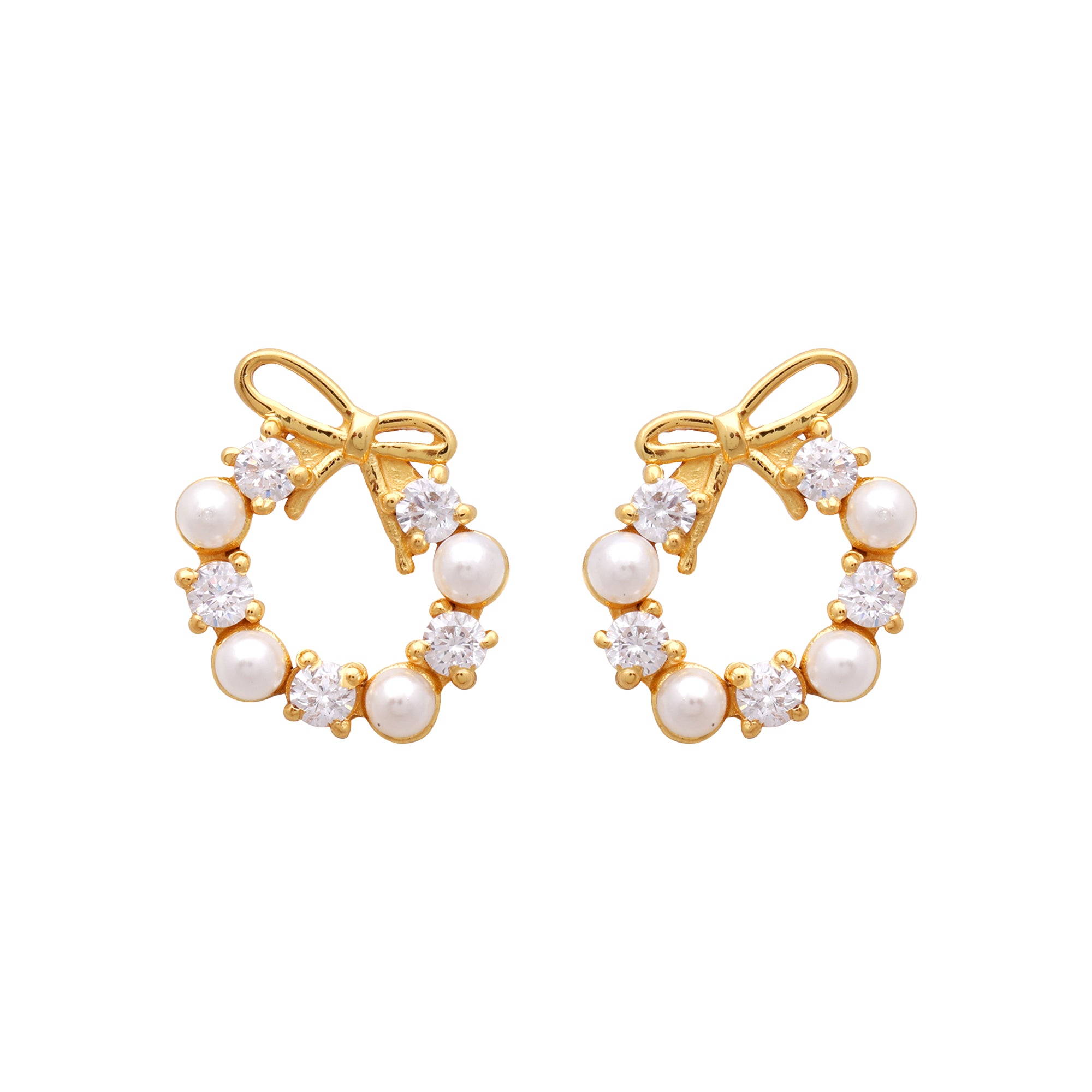 Gold-Plated Pearl & Crystal Bow Stud Earrings in 925 Sterling Silver
