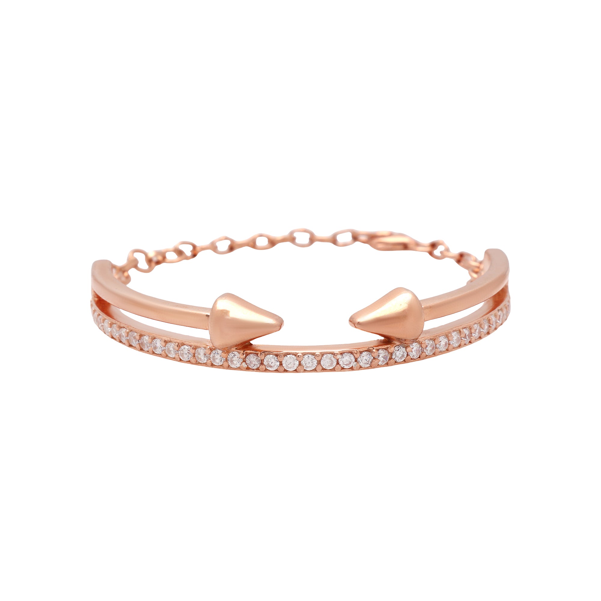 925 Sterling Silver Rose Gold-Plated Open Cuff Bracelet with CZ Stones | Adjustable Minimal Designer Kada for Women