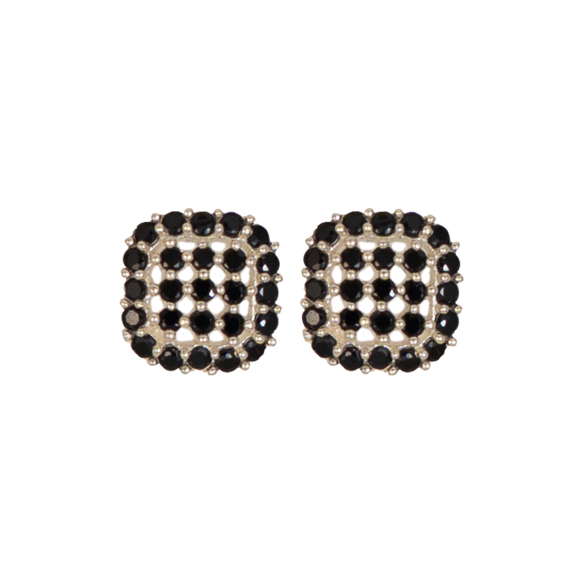 925 Sterling Silver Black Stone Square Stud Earrings | Elegant Grid Design