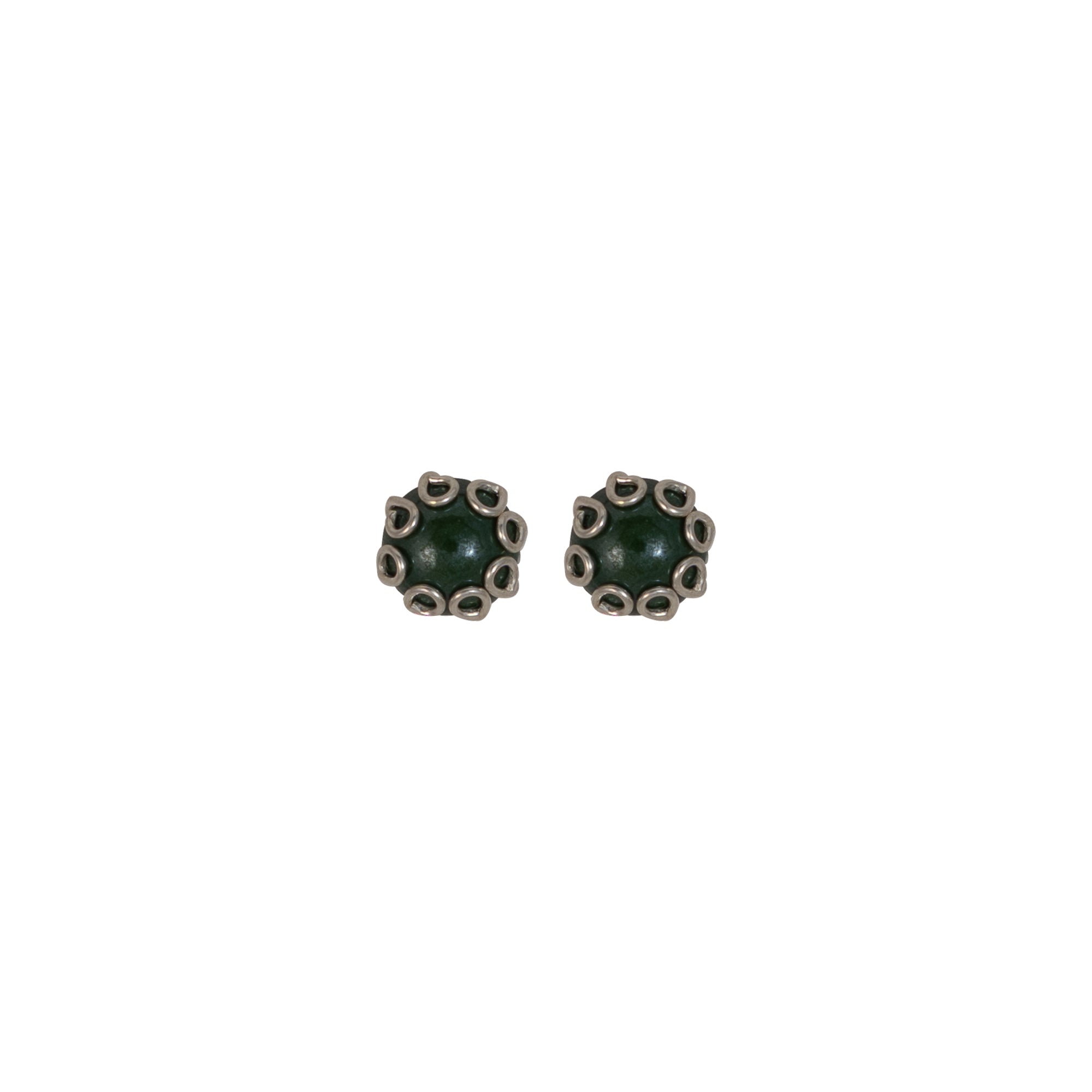 925 Sterling Silver Dark Green Bead Stud Earrings | Textured Silver Loop Design