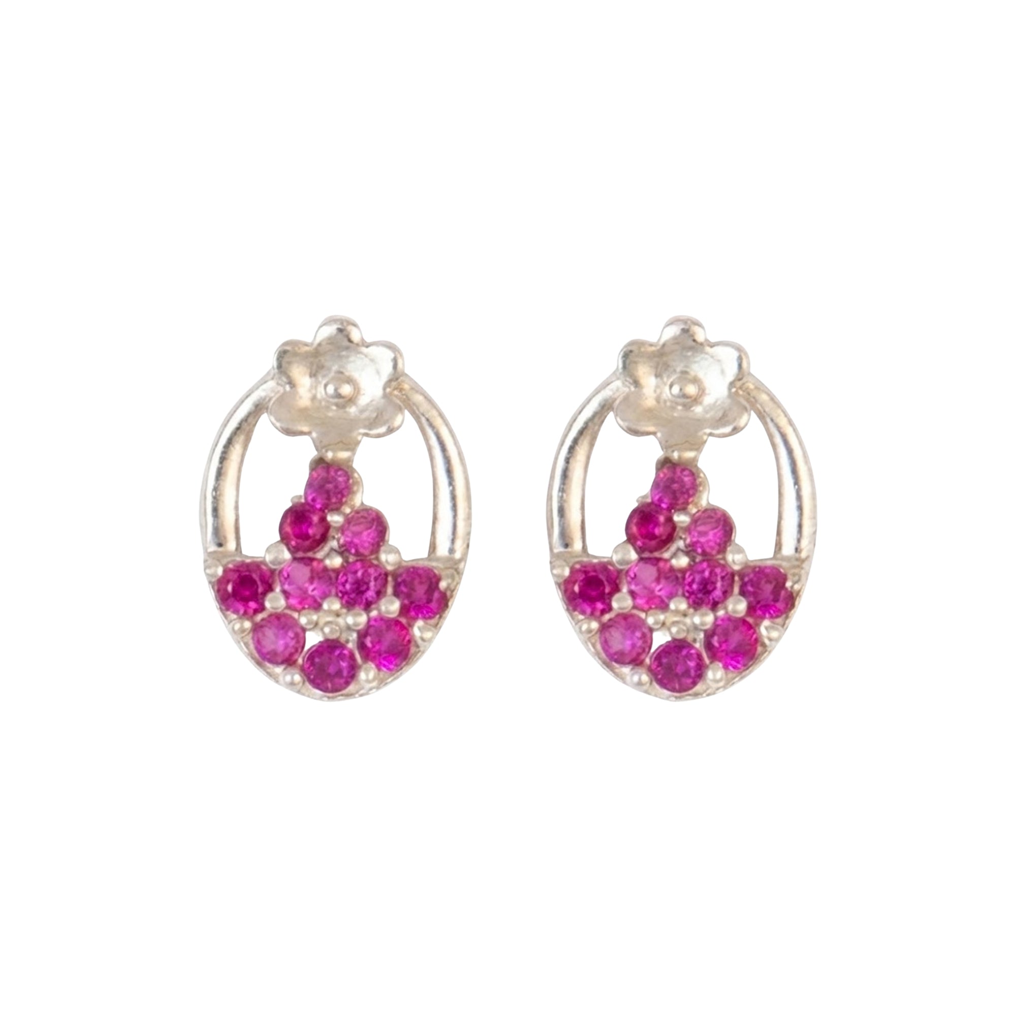 925 Sterling Silver Pink Crystal Oval Stud Earrings | Floral Accent Design