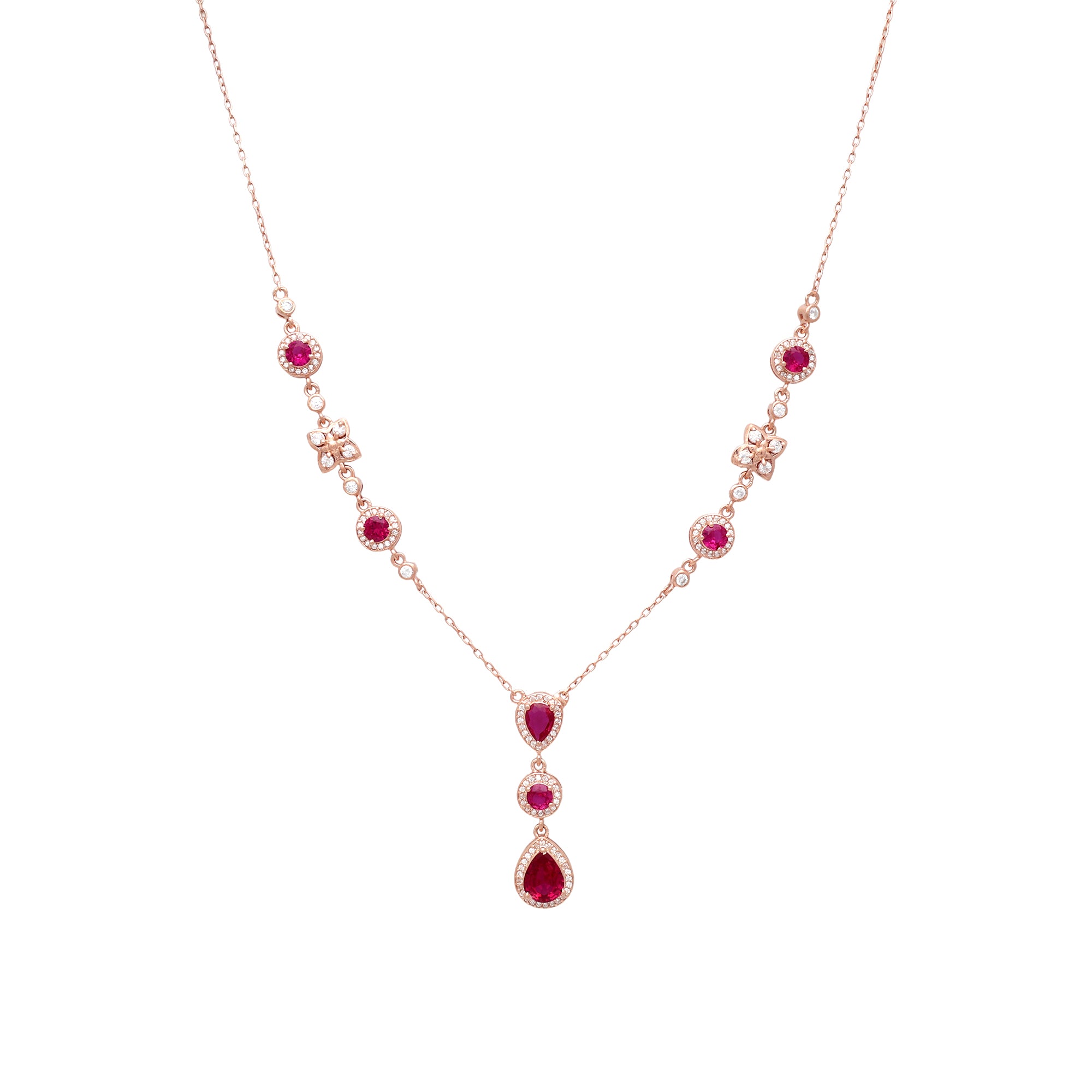 Rose Gold Ruby Drop Necklace in 925 Sterling Silver – Teardrop Pendant with CZ Accents