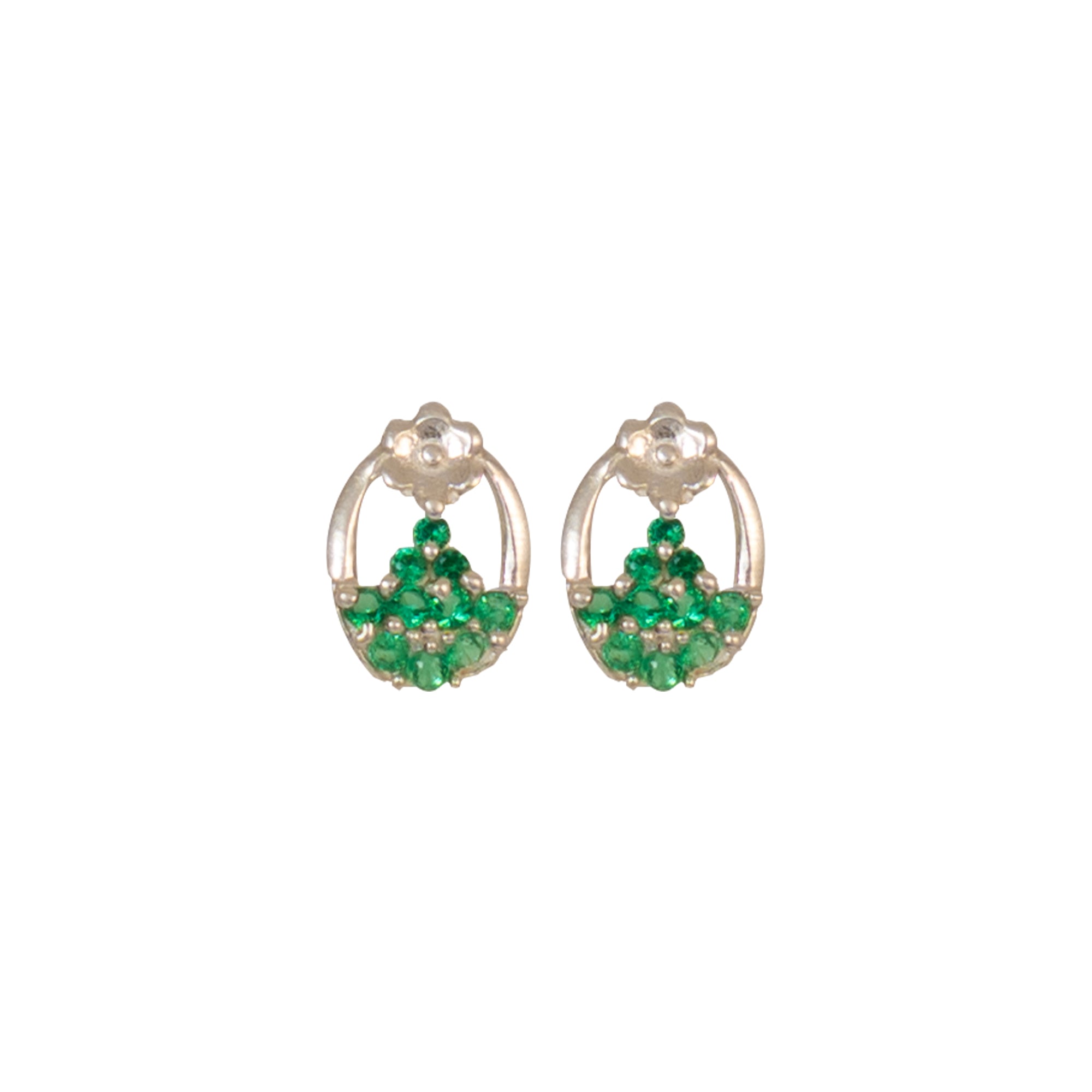 925 Sterling Silver Green Crystal Oval Stud Earrings | Floral Accent Design