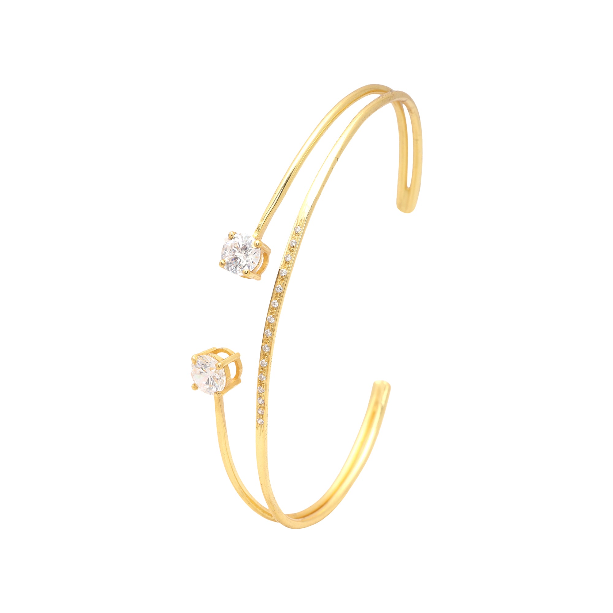 925 Sterling Silver Gold-Plated Open Cuff Bracelet with CZ Stones | Adjustable Minimal Designer Kada for Women