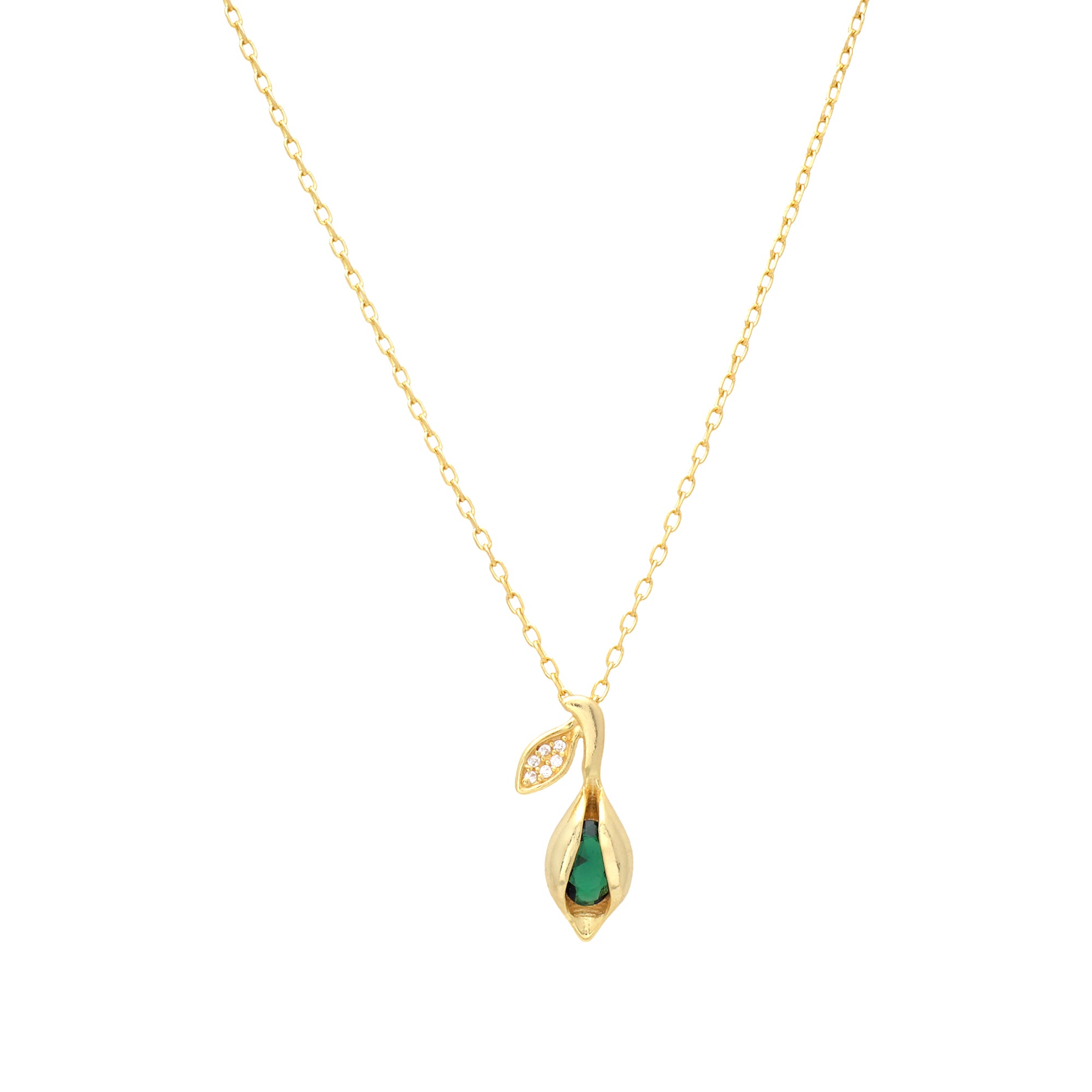 Gold Plated Green Teardrop Pendant Necklace in 925 Sterling Silver – Leaf Design
