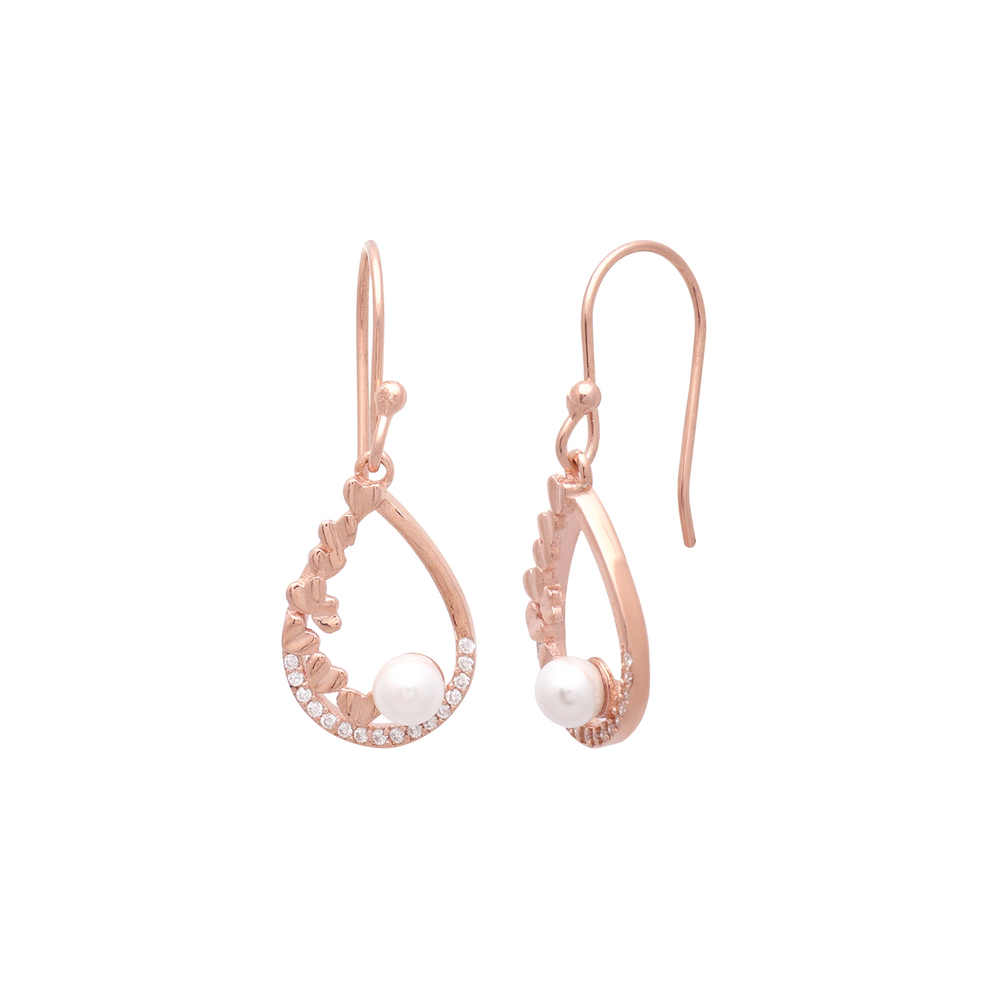 925 Sterling Silver Rose Gold-Plated Teardrop Pearl Drop Earrings with Crystal Accents