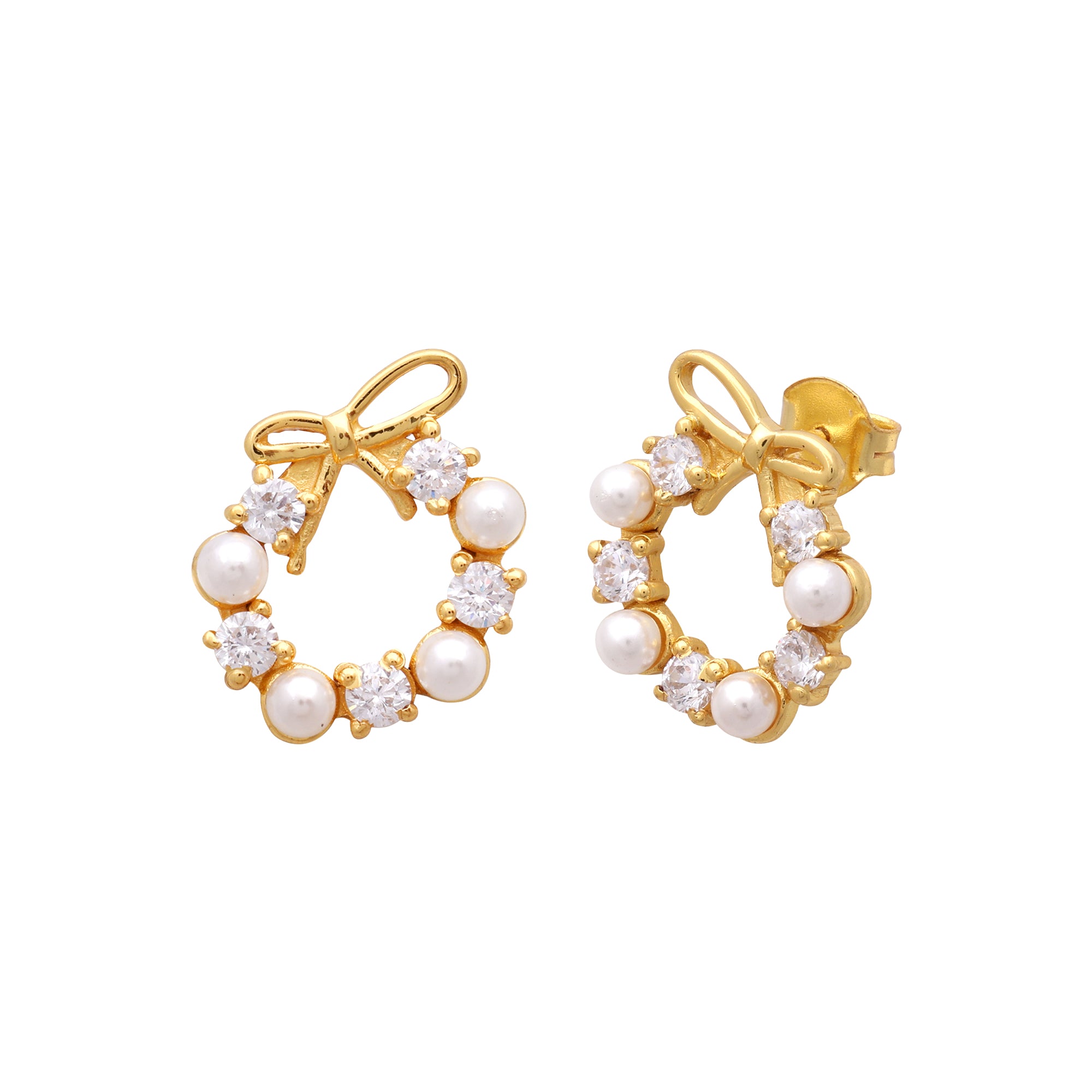 Gold-Plated Pearl & Crystal Bow Stud Earrings in 925 Sterling Silver