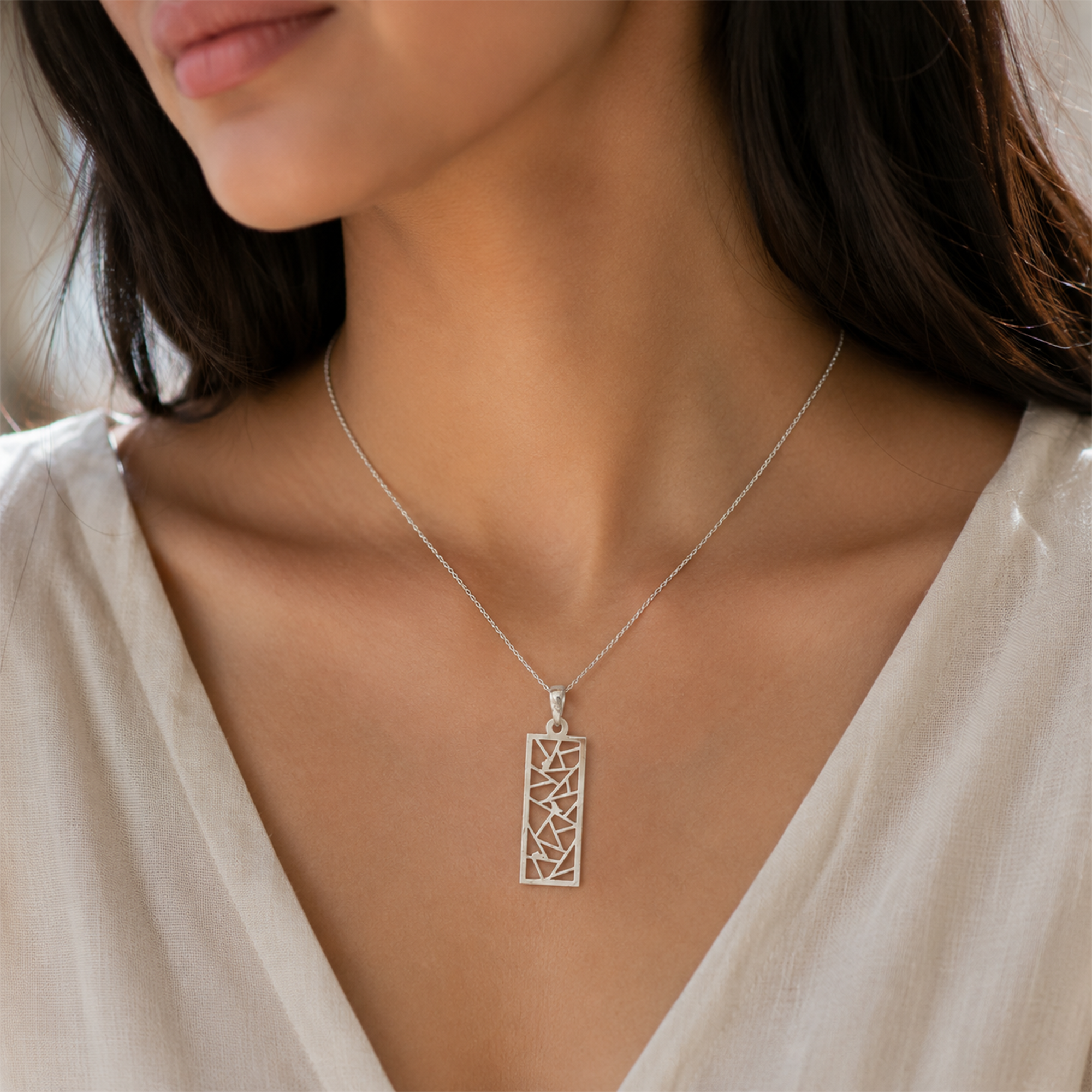 925 Sterling Silver Geometric Rectangle Pendant Necklace | Modern Abstract Cutwork Pendant | Minimalist Contemporary Jewelry