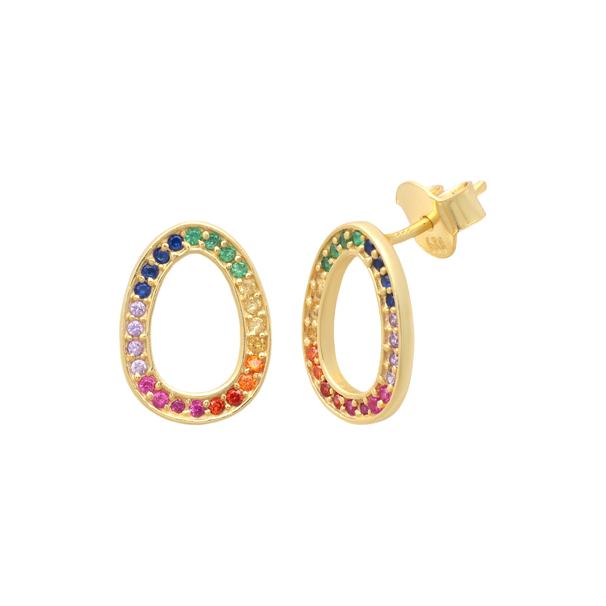 925 Sterling Silver Gold-Plated Oval Stud Earrings with Multicolor Stones