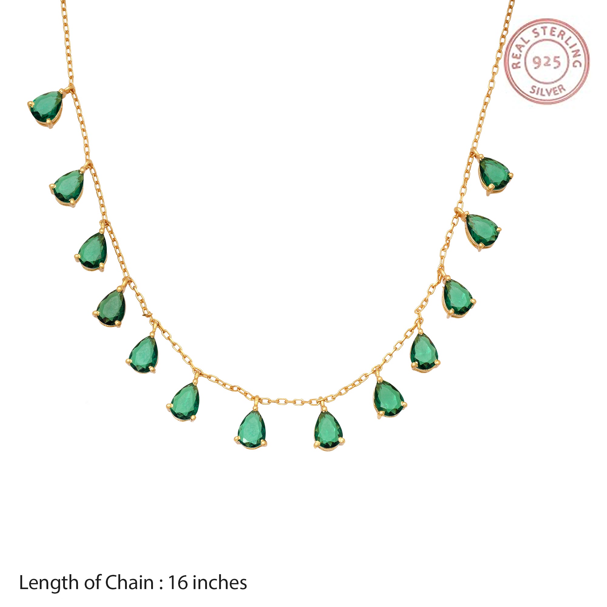Emerald Teardrop Dangle Necklace in 925 Sterling Silver – Gold Plated Statement Chain