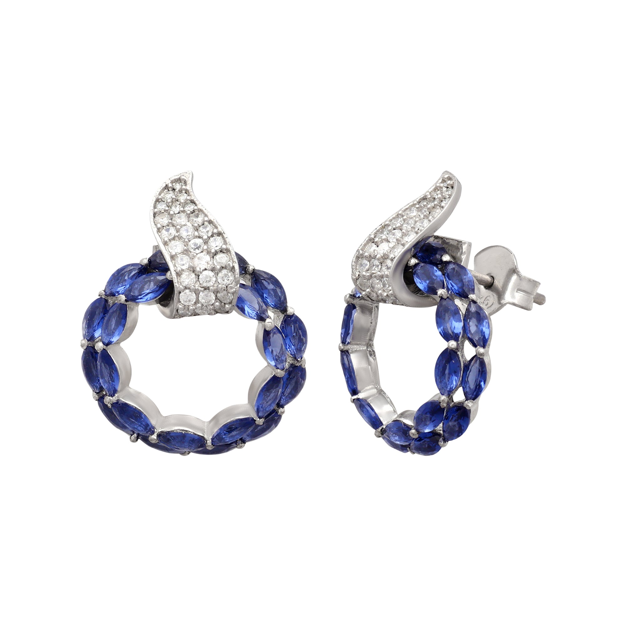 925 Sterling Silver Blue Stone Circle Stud Earrings with CZ Accent | Elegant Designer Earrings for Women