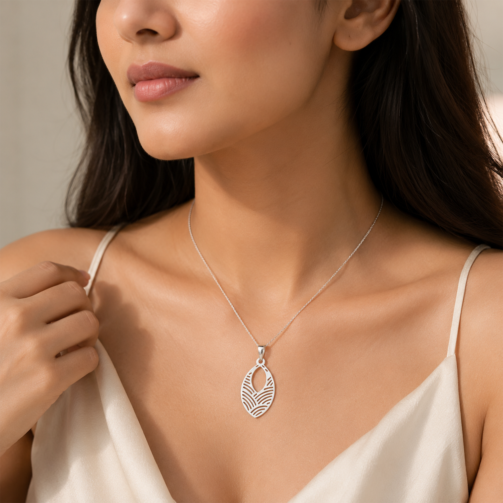 925 Sterling Silver Oval Cutwork Pendant Necklace | Minimalist Abstract Pattern Pendant | Elegant Everyday Jewelry