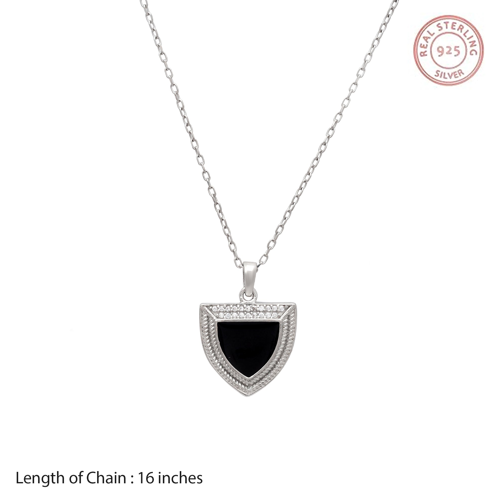 Black Shield Pendant Necklace in 925 Sterling Silver with CZ Border