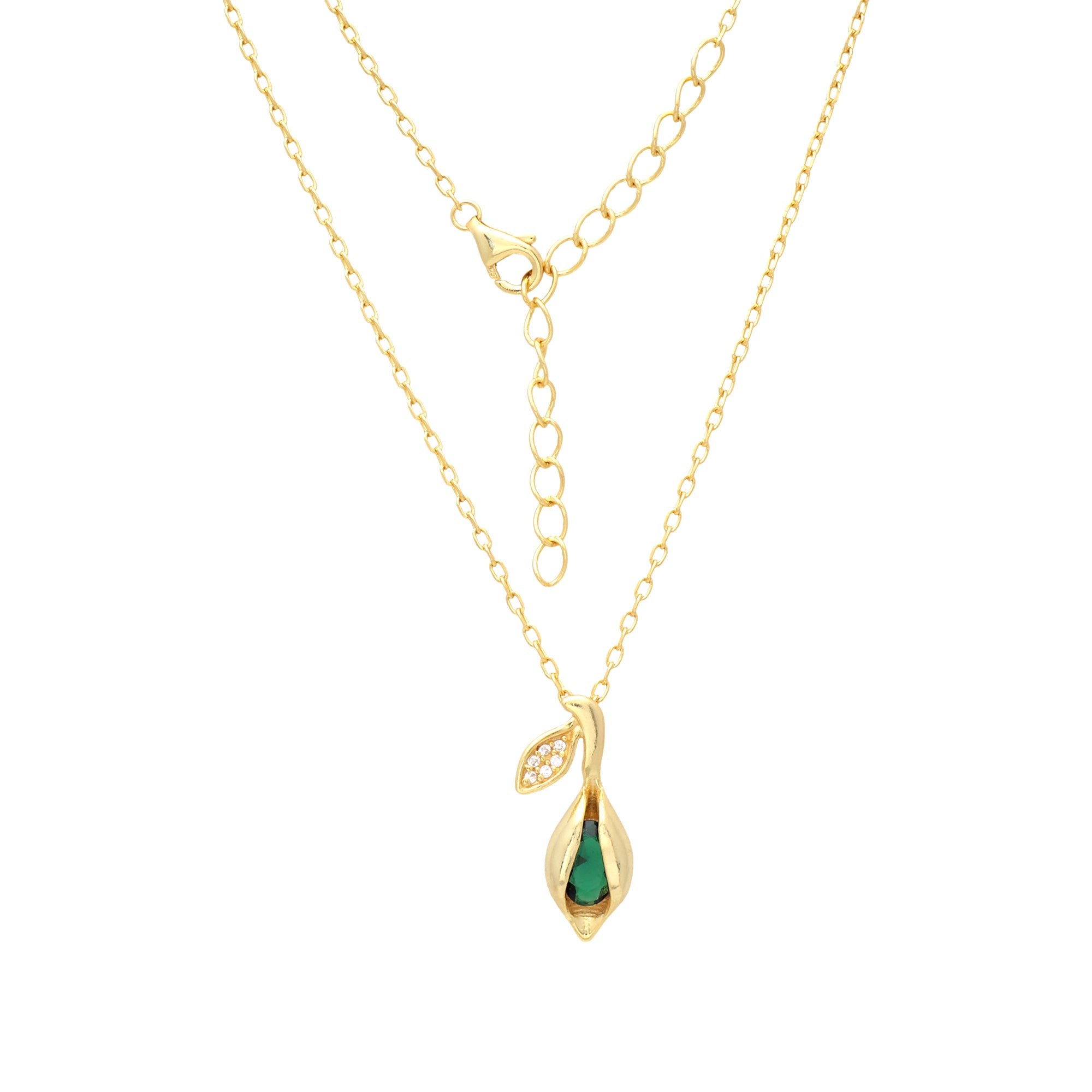 Gold Plated Green Teardrop Pendant Necklace in 925 Sterling Silver – Leaf Design