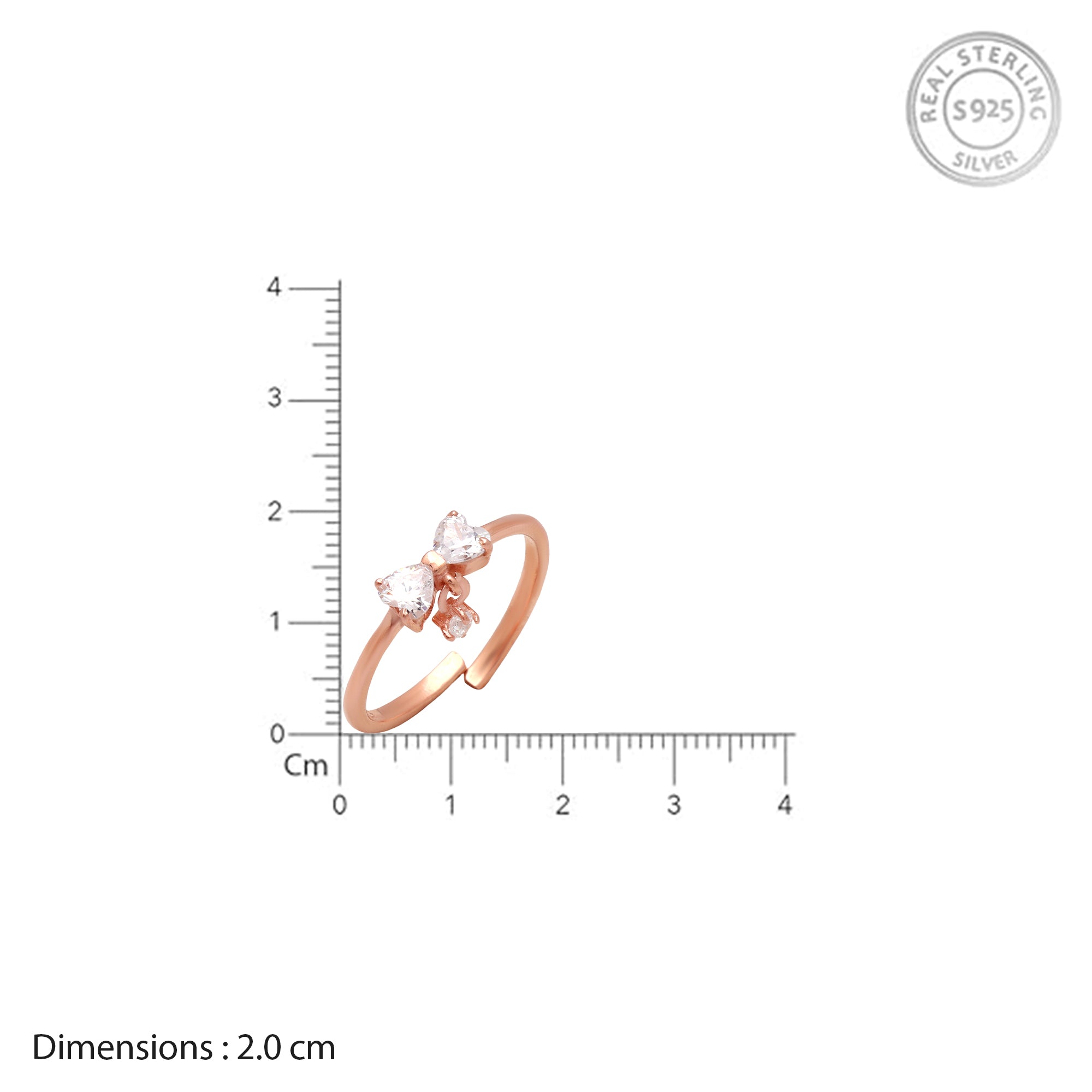 Rose Gold Double Heart CZ Adjustable Ring in 925 Sterling Silver
