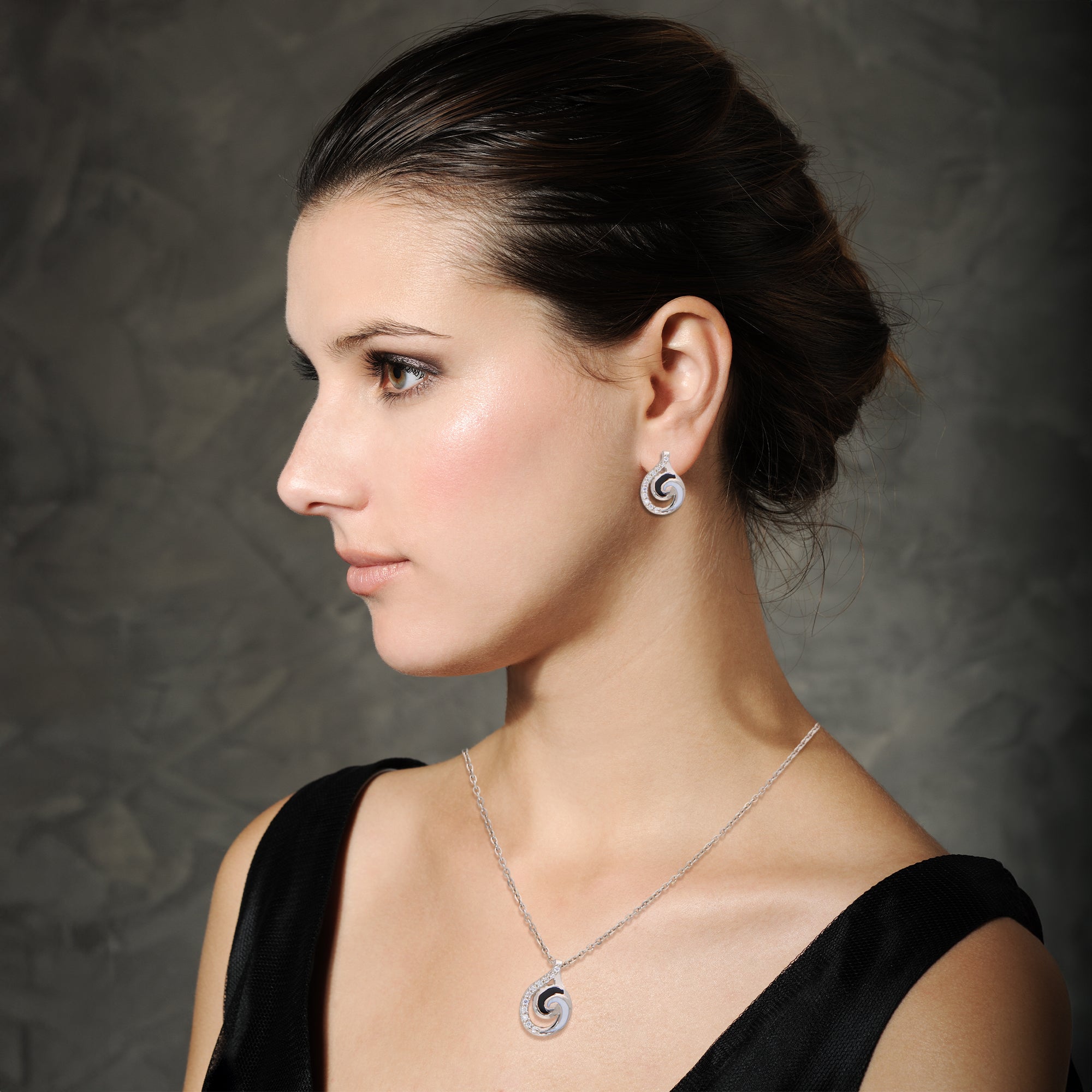 Swirl Teardrop Necklace & Earring Set – Silver with Enamel & CZ