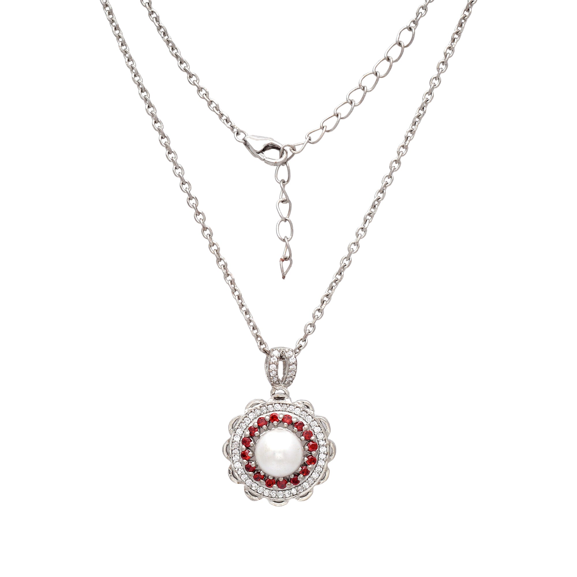 Vintage Pearl Halo Pendant Necklace in 925 Sterling Silver with Red & White Stones
