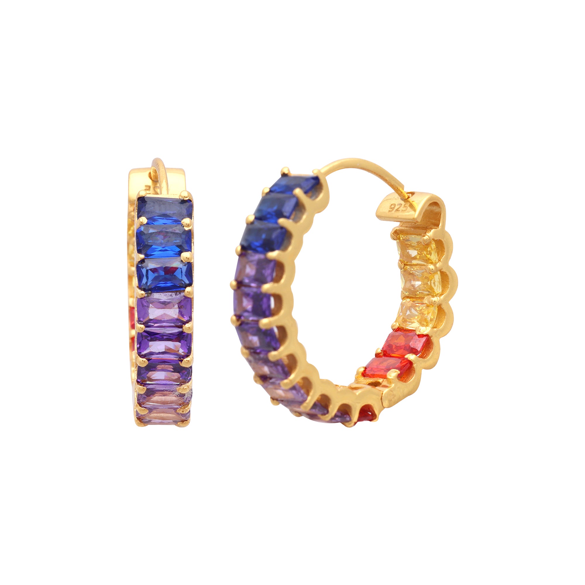 925 Sterling Silver Gold-Plated Multicolor Stone Hoop Earrings for Women | CZ Studded Designer Hoops