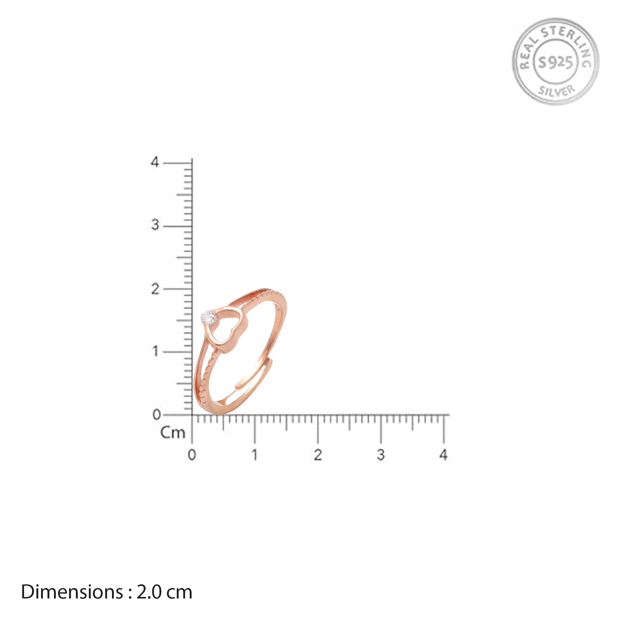 Rose Gold Heart Adjustable Ring in 925 Sterling Silver with Solitaire CZ