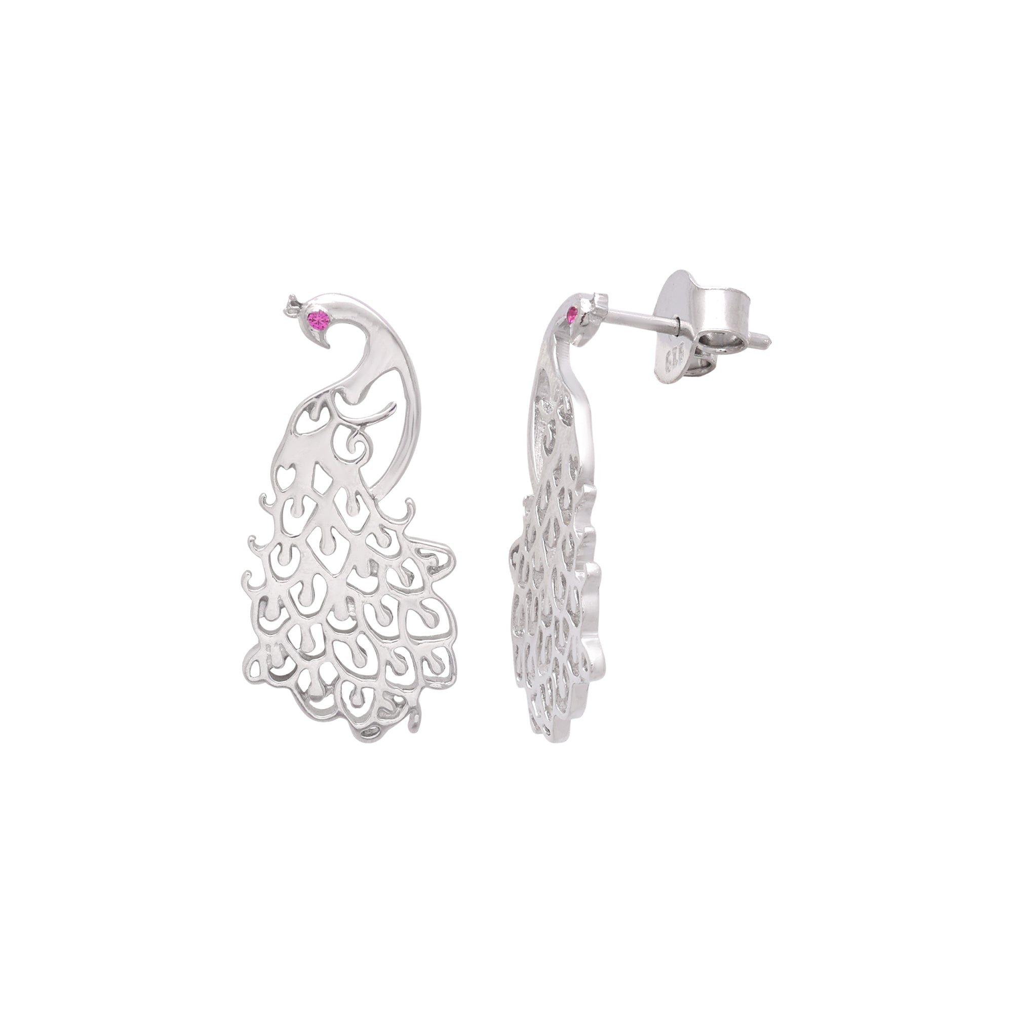 925 Sterling Silver Peacock Motif Stud Earrings with Pink Stone Accent