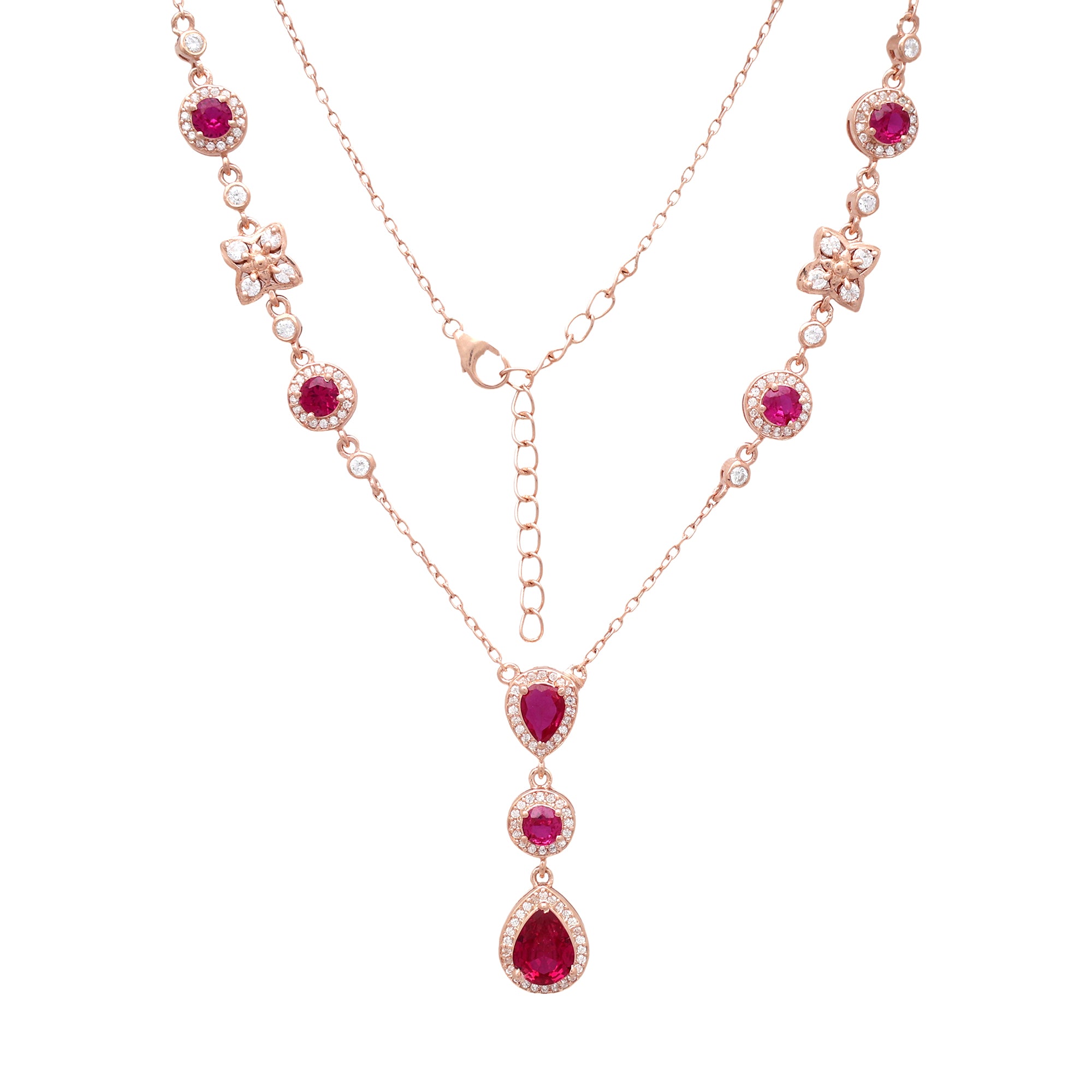 Rose Gold Ruby Drop Necklace in 925 Sterling Silver – Teardrop Pendant with CZ Accents