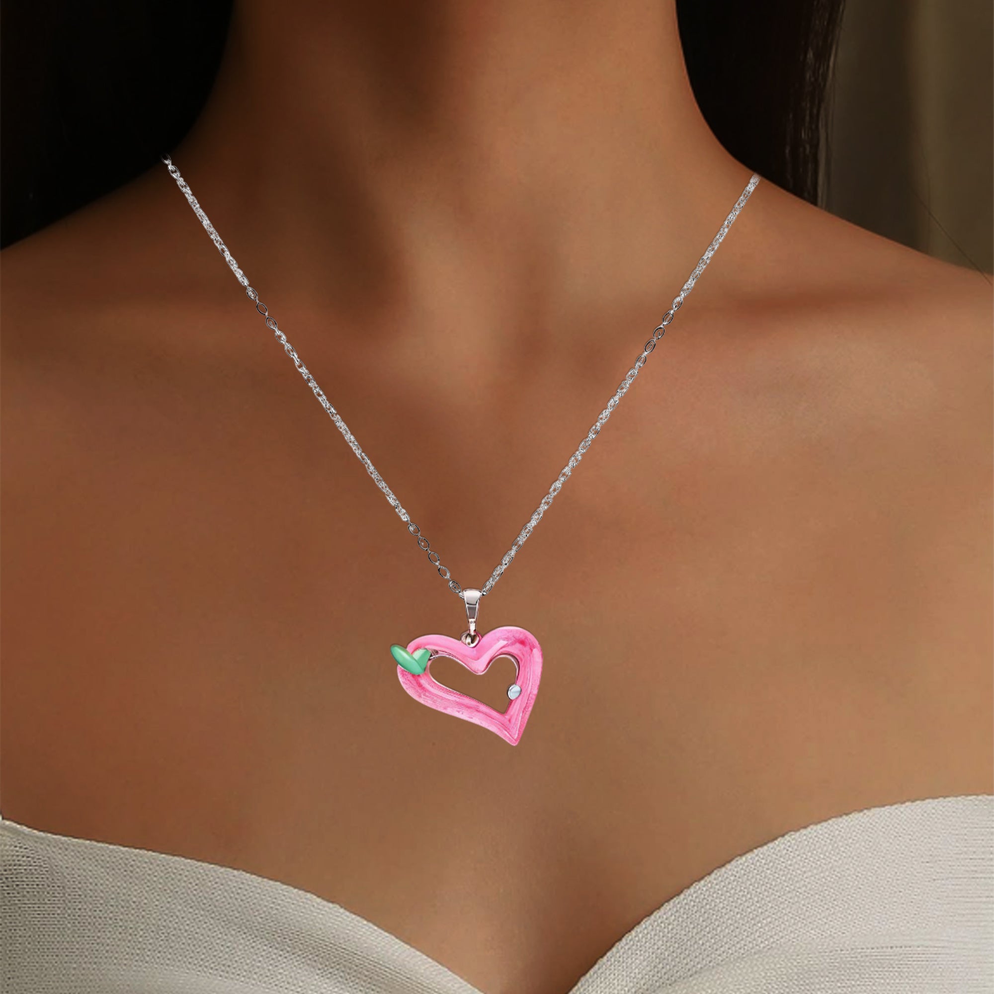 Cute Pink Enamel Heart Necklace with Mint Green Accent – Playful & Stylish