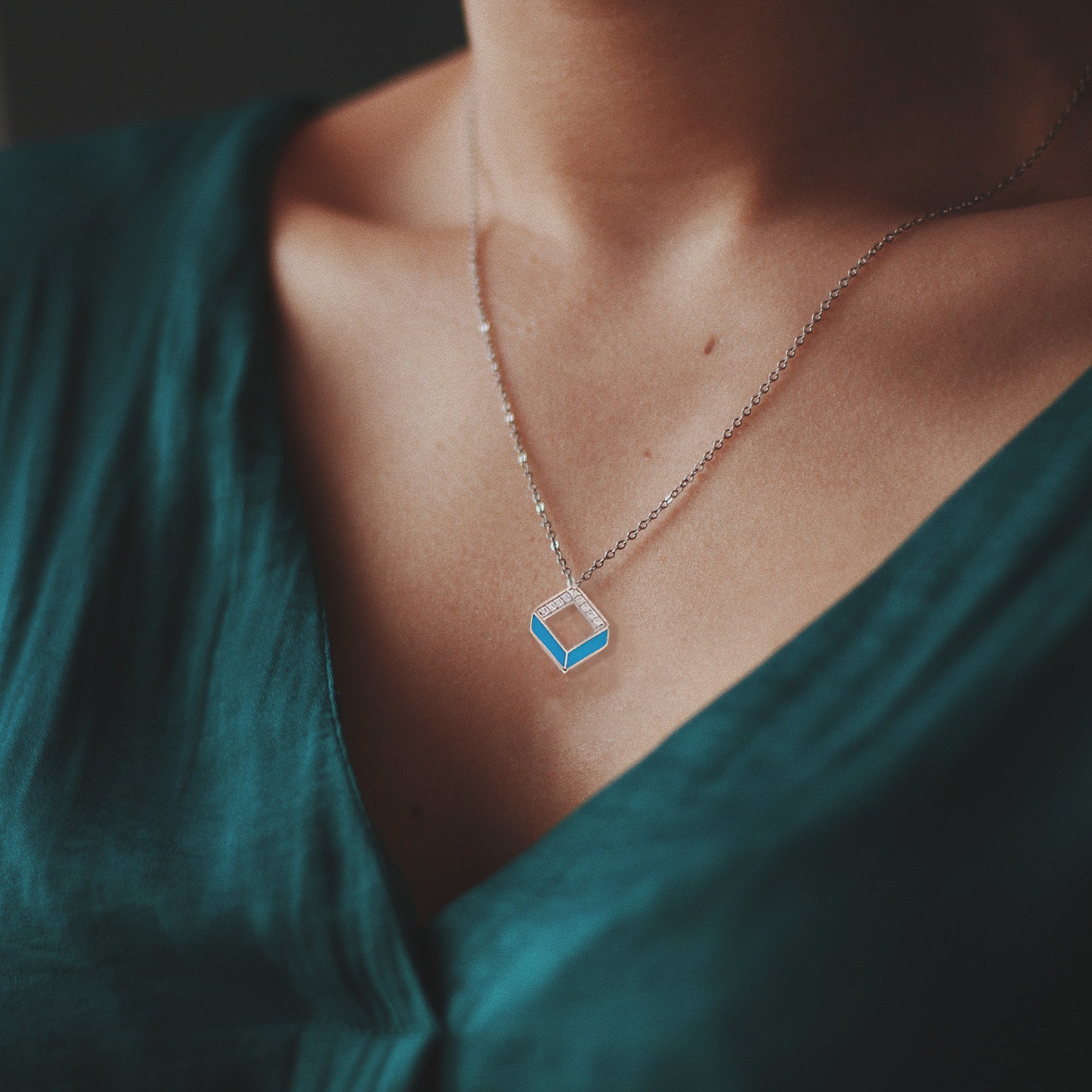 925 Sterling Silver Blue Enamel Geometric Pendant Necklace with CZ Detailing