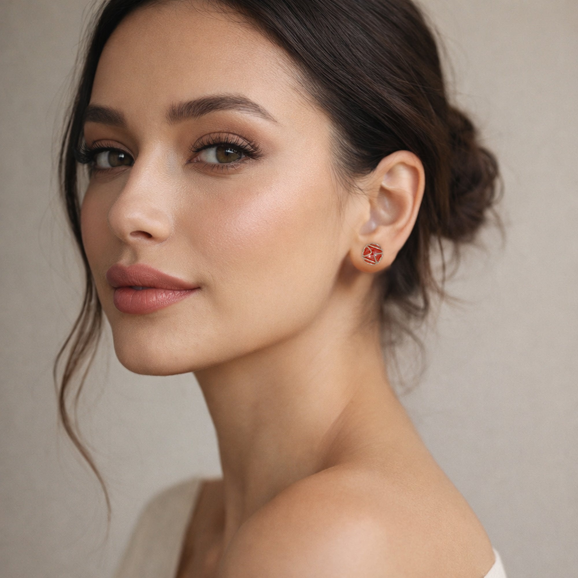 Red Bead Stud Earrings for Women | 925 Sterling Silver Wire Wrapped Studs