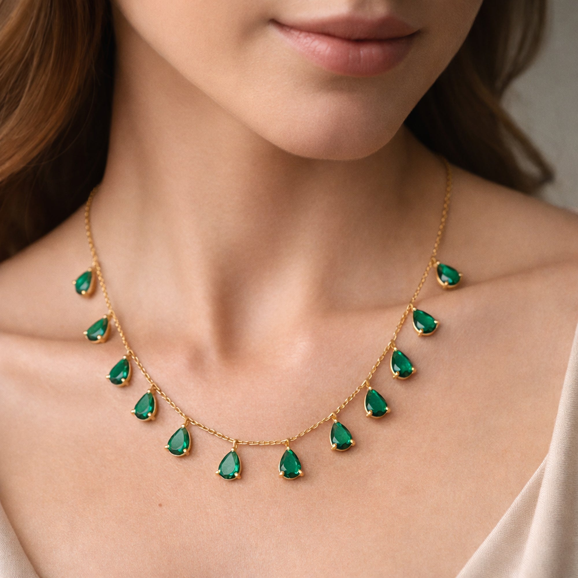 Emerald Teardrop Dangle Necklace in 925 Sterling Silver – Gold Plated Statement Chain
