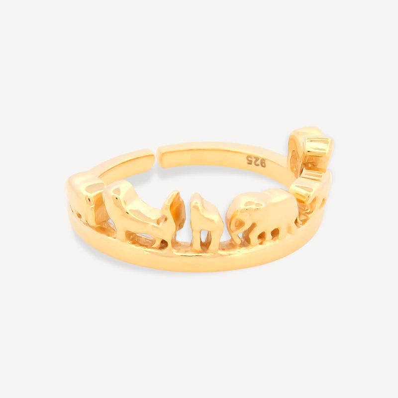 Gold Plated Finish with Intricate Elephant and Jungle Animal Cutout Design [Size-12, Adjustable]