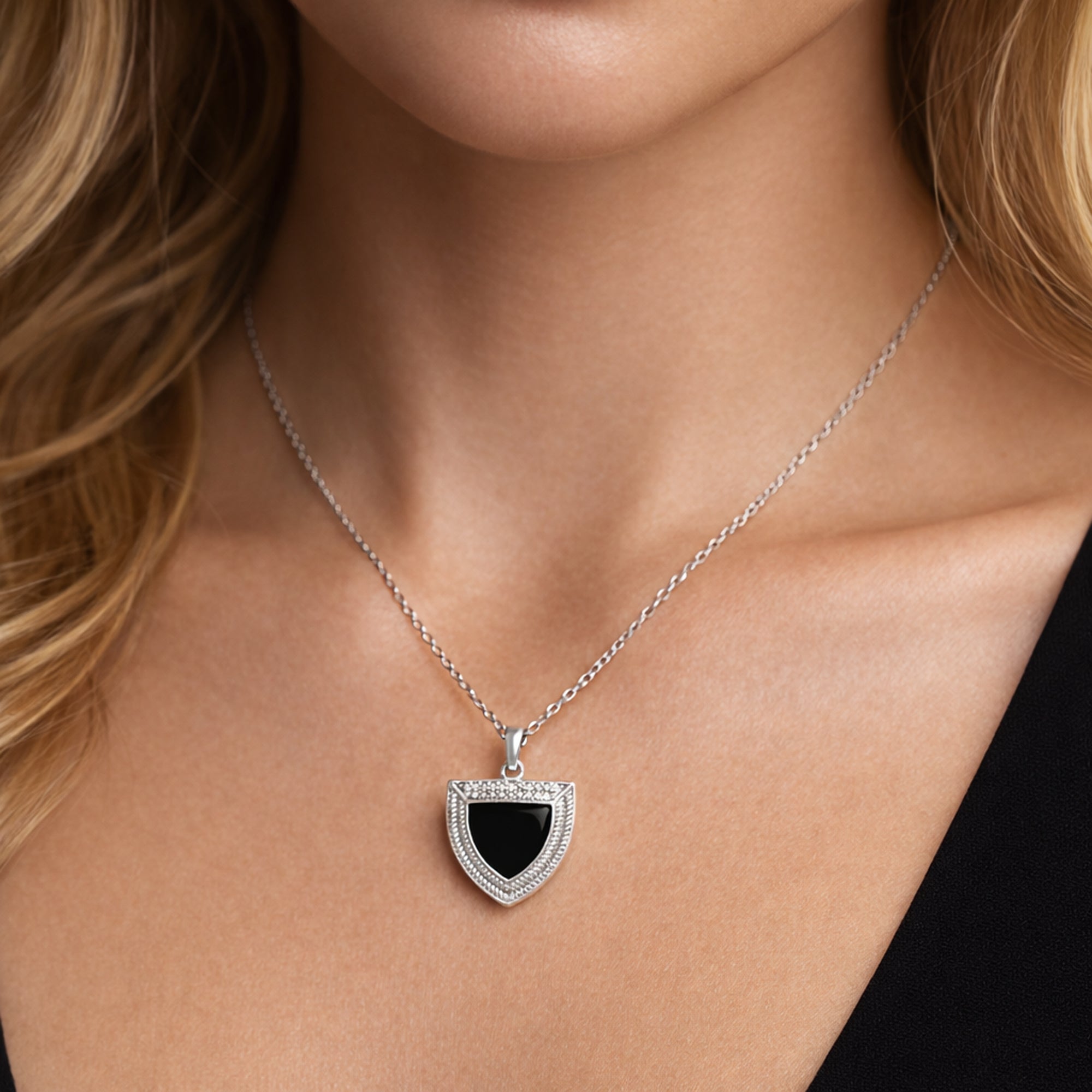 Black Shield Pendant Necklace in 925 Sterling Silver with CZ Border