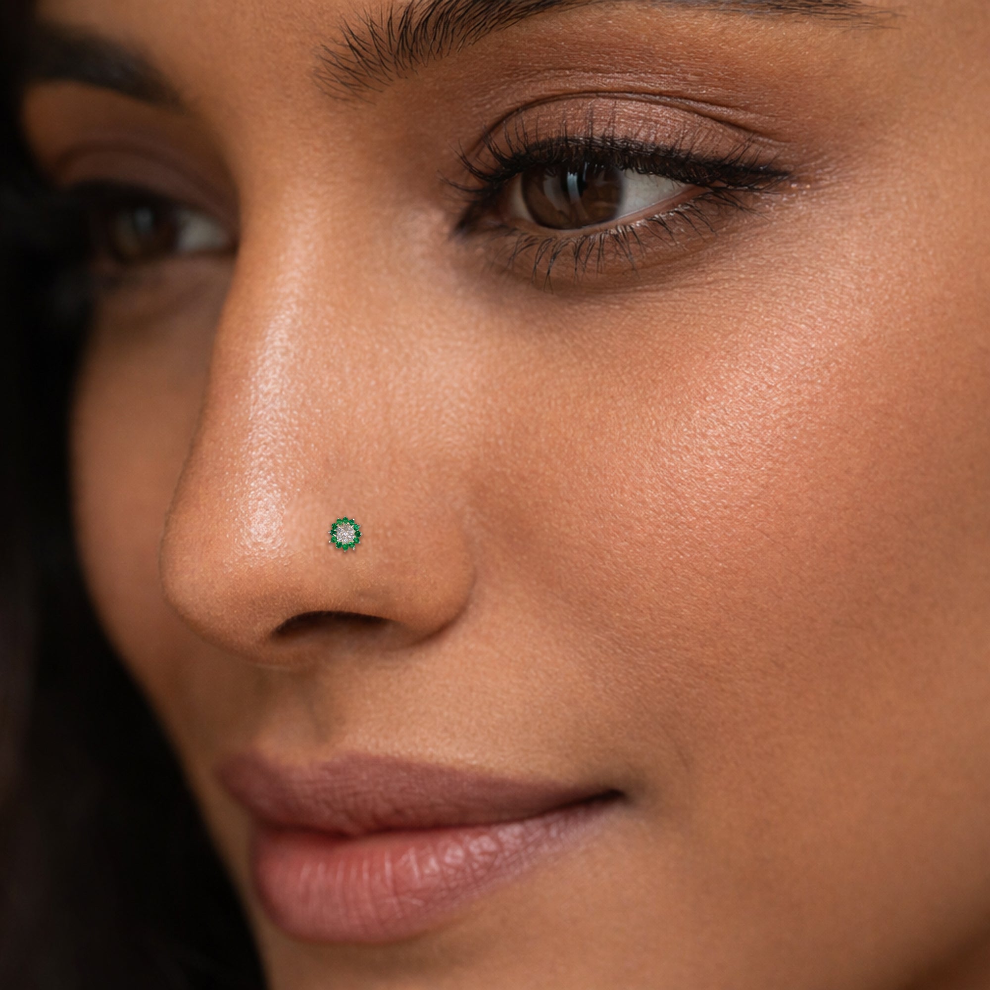 TVISVA JEWELS 925 Sterling Silver Floral Nose Pin for Women with Green & White Cubic Zirconia