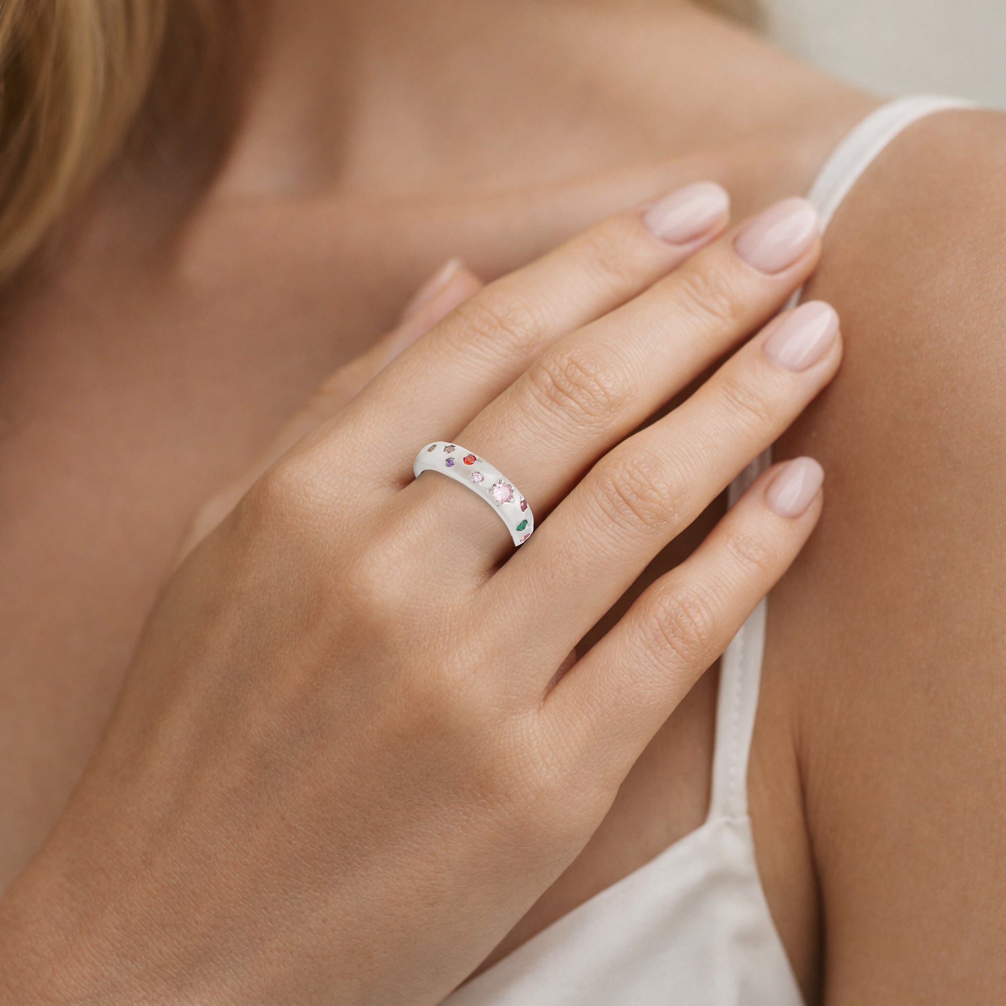 S925 Sterling Silver Multi-Color Crystal Band Ring | Rainbow Gemstone Statement Ring for Women