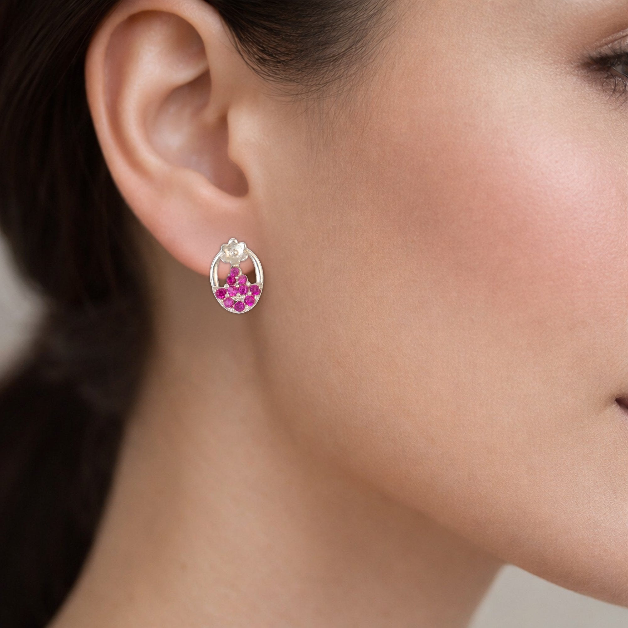 925 Sterling Silver Pink Crystal Oval Stud Earrings | Floral Accent Design