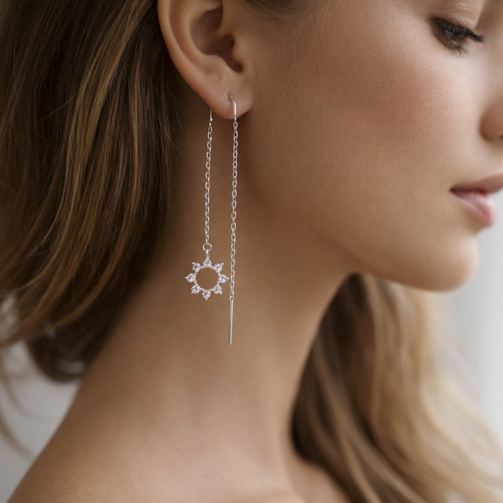 925 Sterling Silver Sunburst Chain Drop Earrings with Crystal Accents