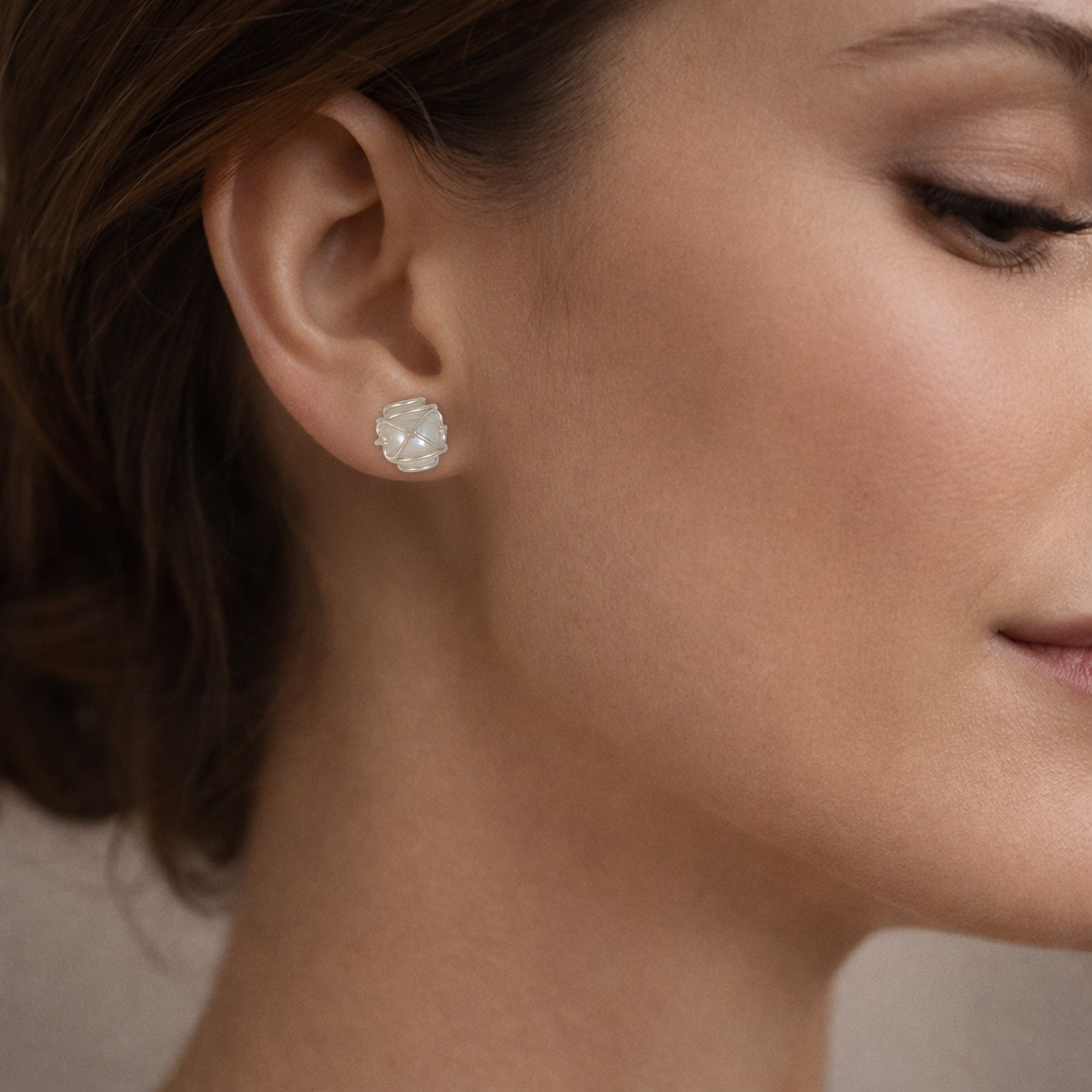 Milky White Bead Stud Earrings for Women | 925 Sterling Silver Wire Wrapped Studs