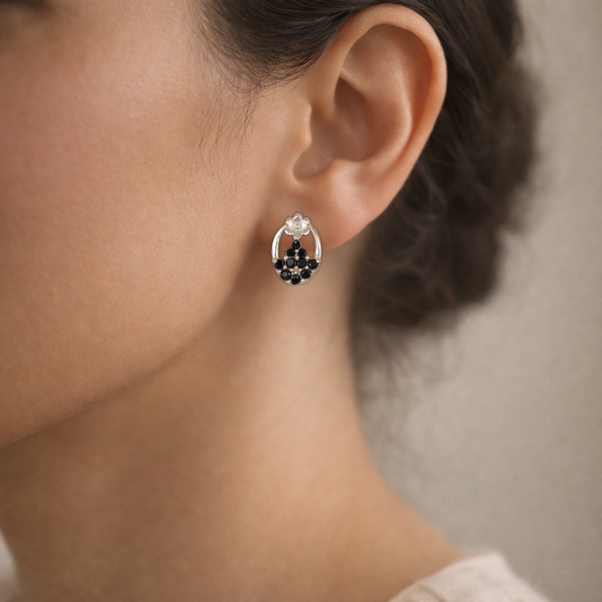 925 Sterling Silver Black Crystal Oval Stud Earrings | Elegant Floral Accent Design