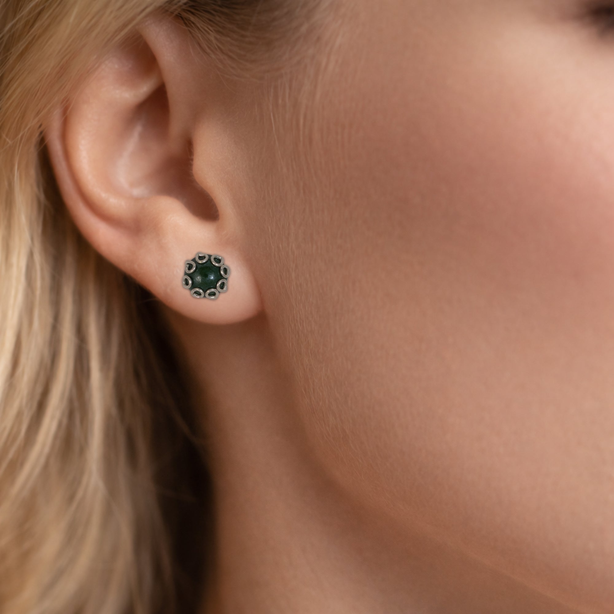 925 Sterling Silver Dark Green Bead Stud Earrings | Textured Silver Loop Design
