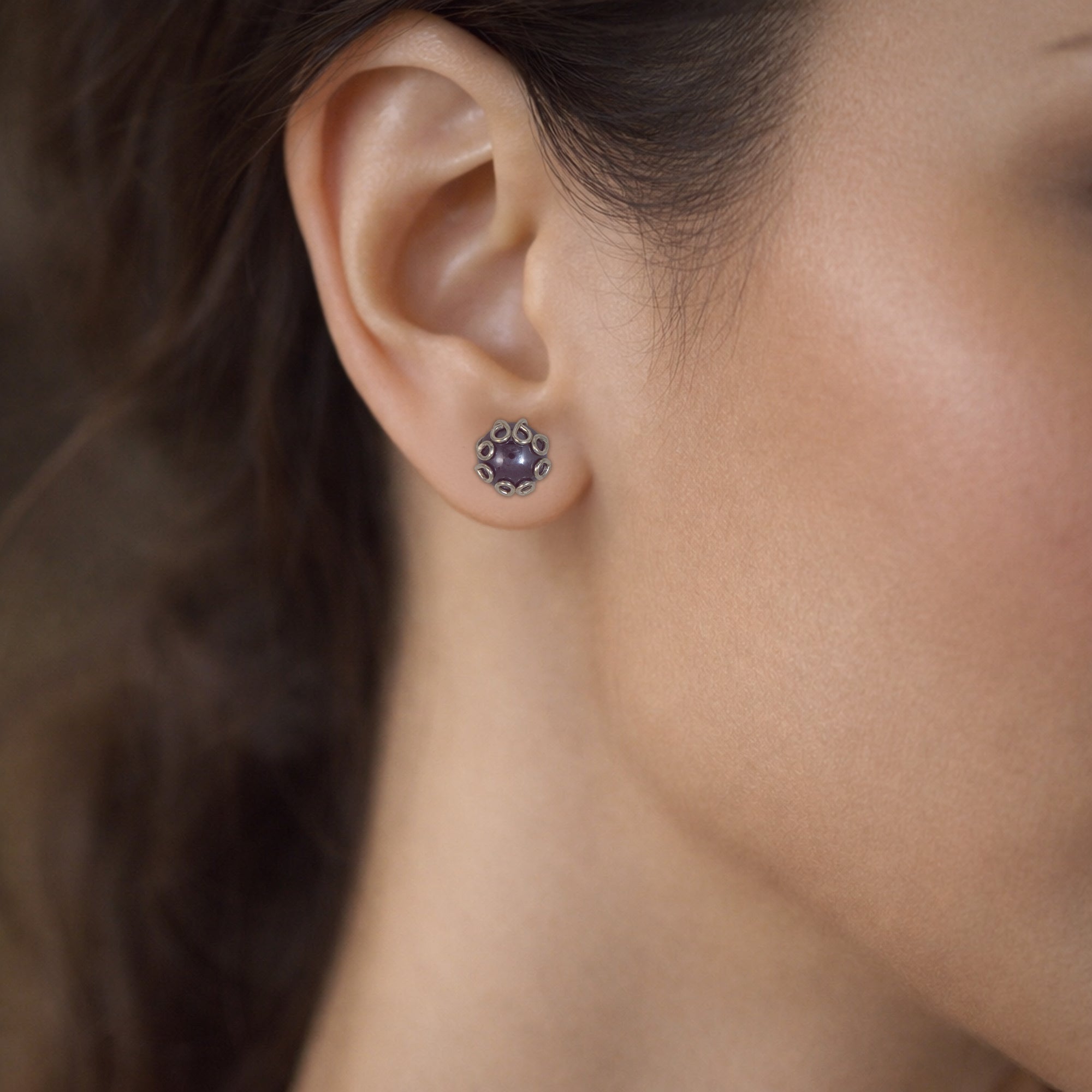 925 Sterling Silver Purple Bead Stud Earrings | Sculpted Silver Loop Design