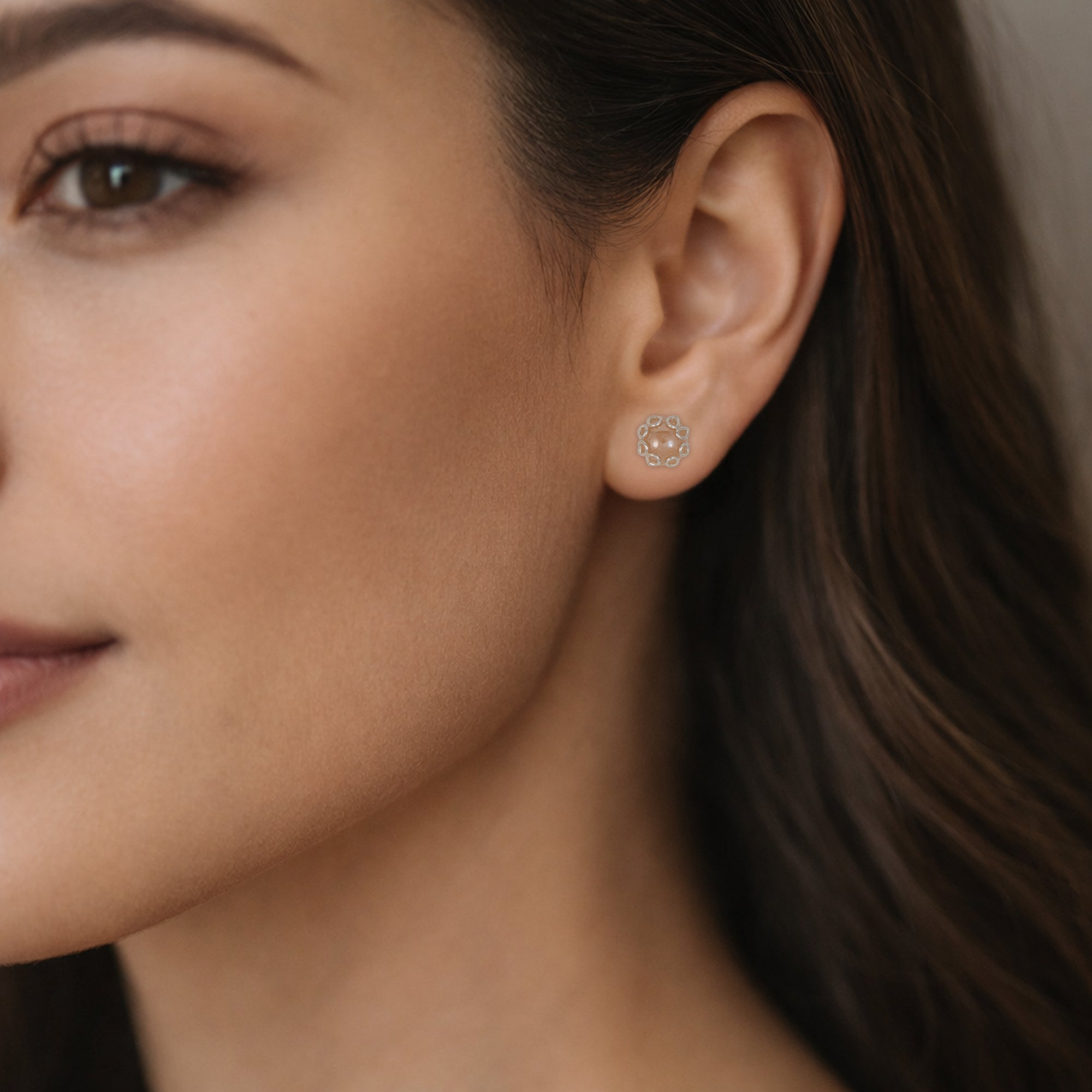 925 Sterling Silver Champagne Pearl Floral Stud Earrings | Soft Glow Cluster Design