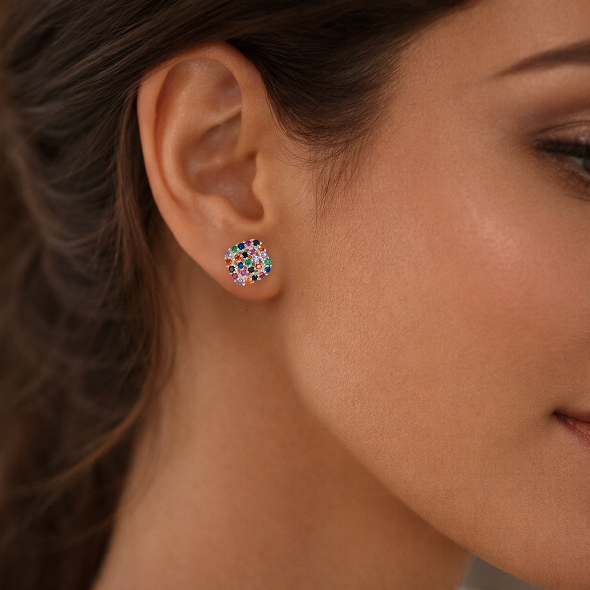 925 Sterling Silver Multicolor CZ Square Stud Earrings for Women | Rainbow Pavé Design
