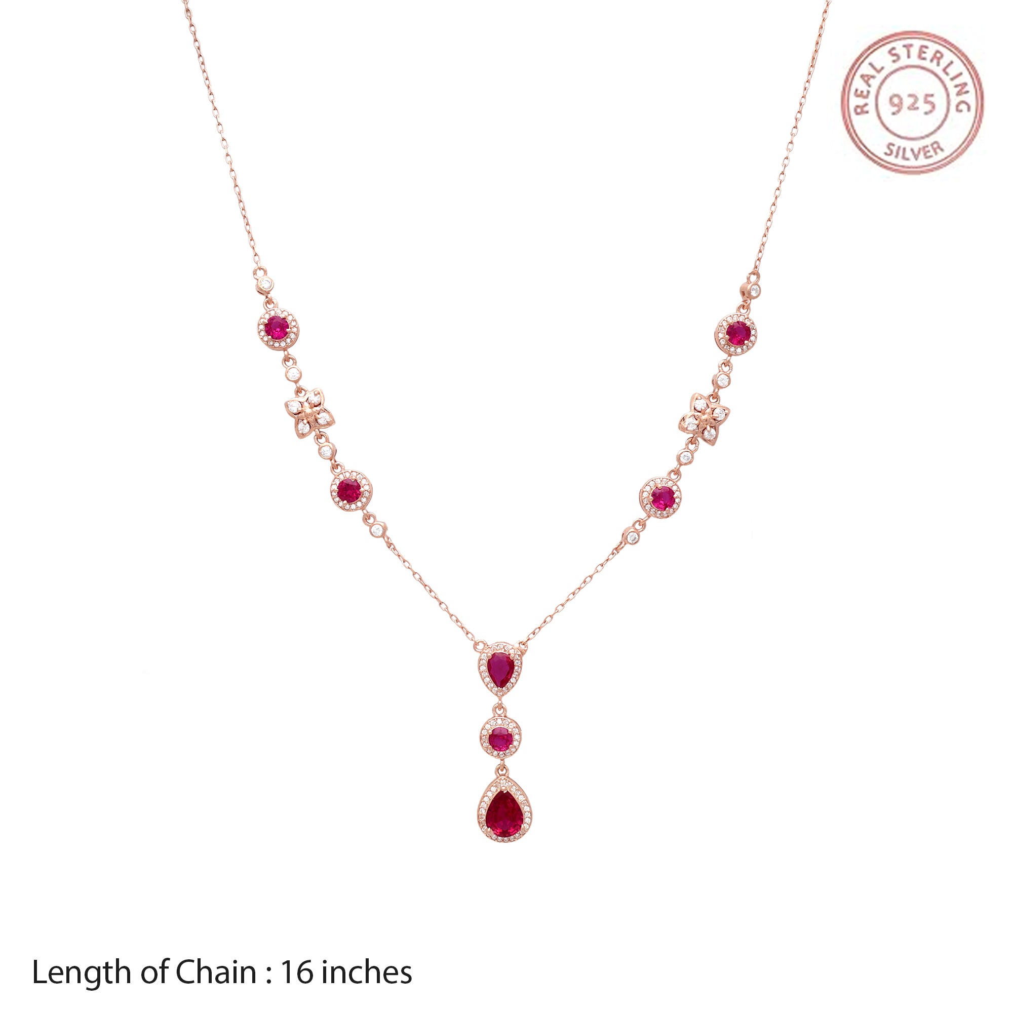 Rose Gold Ruby Drop Necklace in 925 Sterling Silver – Teardrop Pendant with CZ Accents