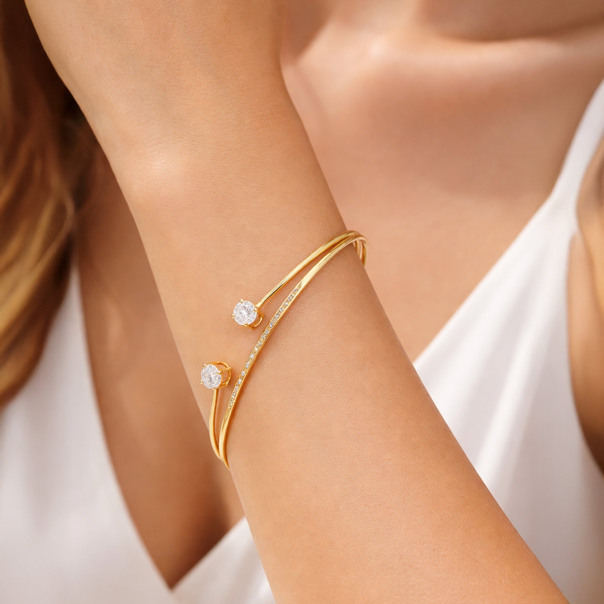 925 Sterling Silver Gold-Plated Open Cuff Bracelet with CZ Stones | Adjustable Minimal Designer Kada for Women