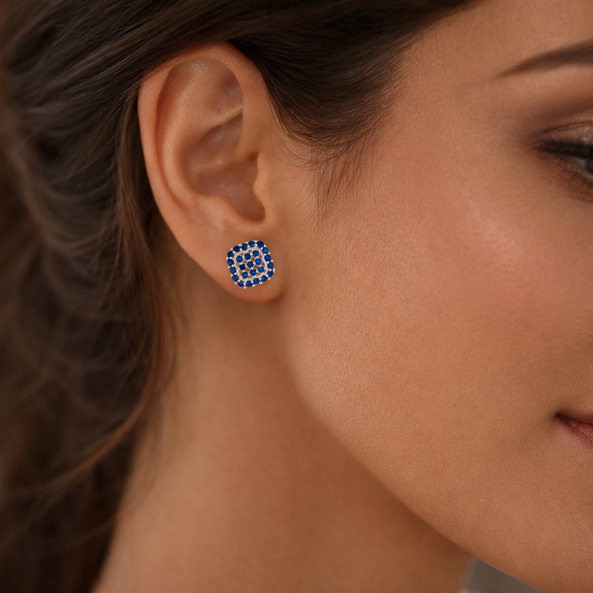 925 Sterling Silver Blue Stone Square Stud Earrings