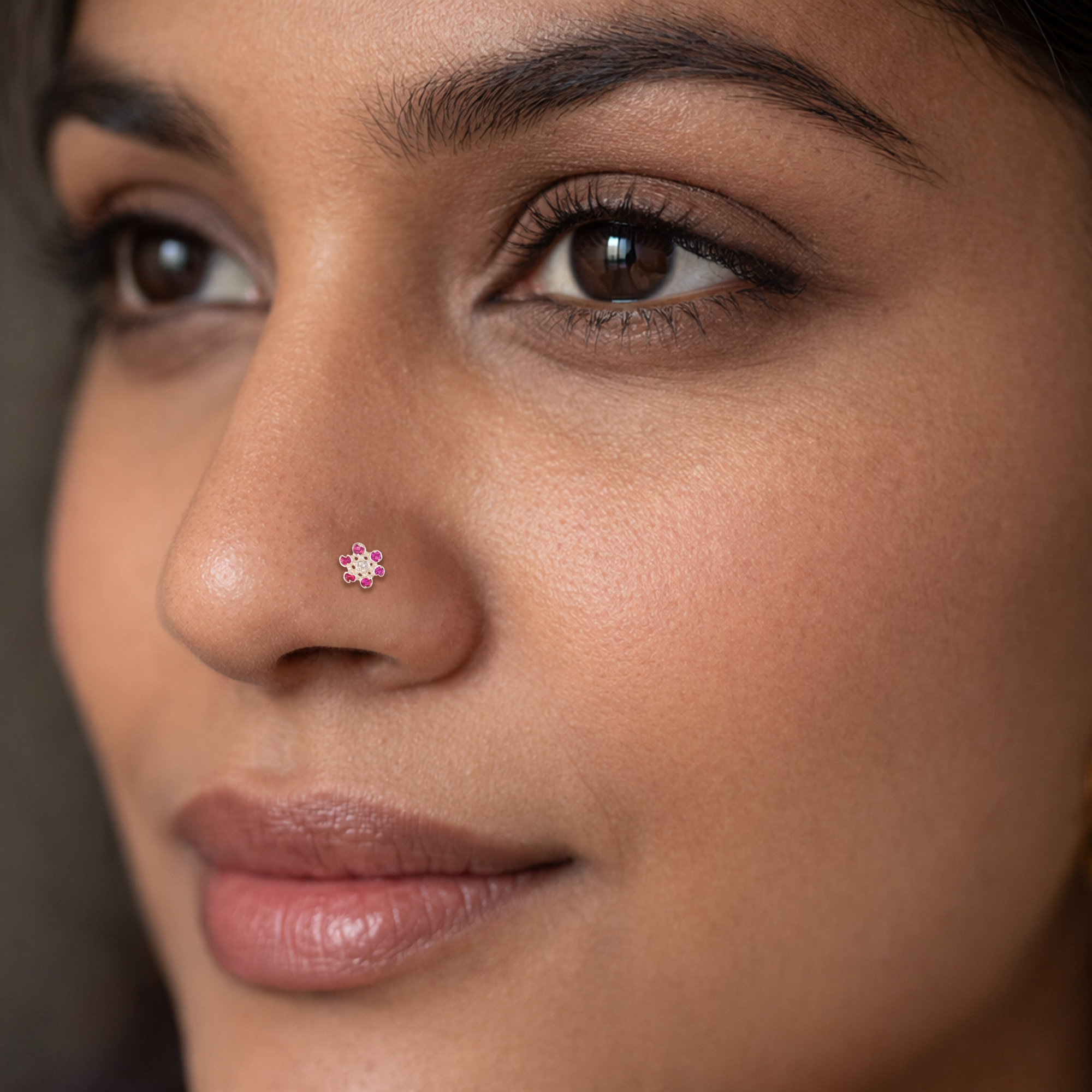 TVISVA JEWELS 925 Sterling Silver Pink & White Cubic Zirconia Floral Nose Pin for Women - Contemporary Traditional Nose Ring