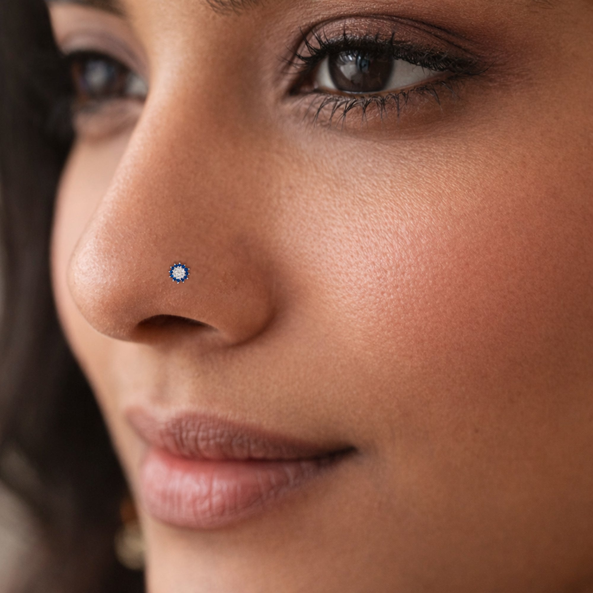 TVISVA JEWELS 925 Sterling Silver Floral Nose Pin for Women with Blue & White Cubic Zirconia