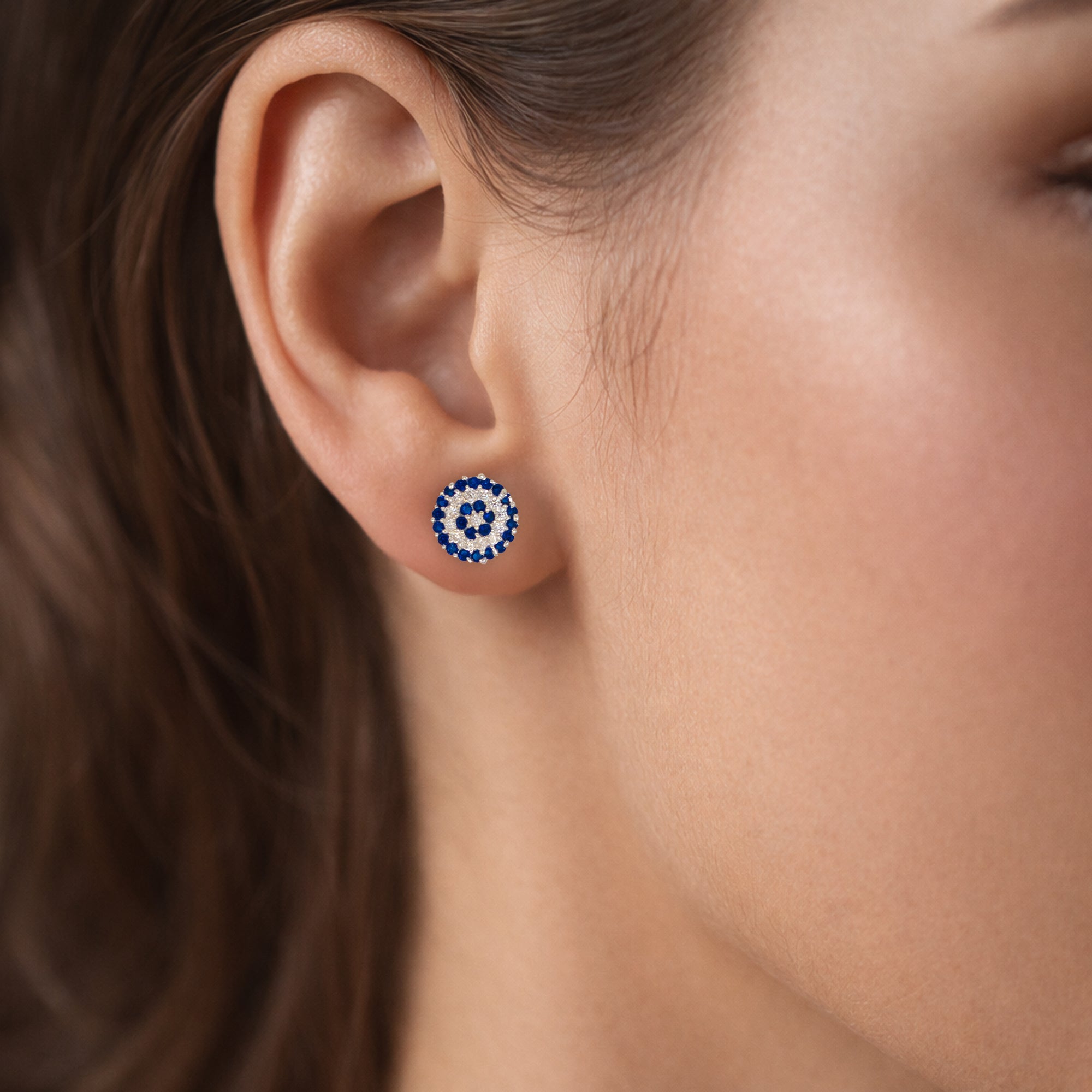 925 Sterling Silver Blue & White Circular Pavé Stud Earrings for Women | Floral Halo Design