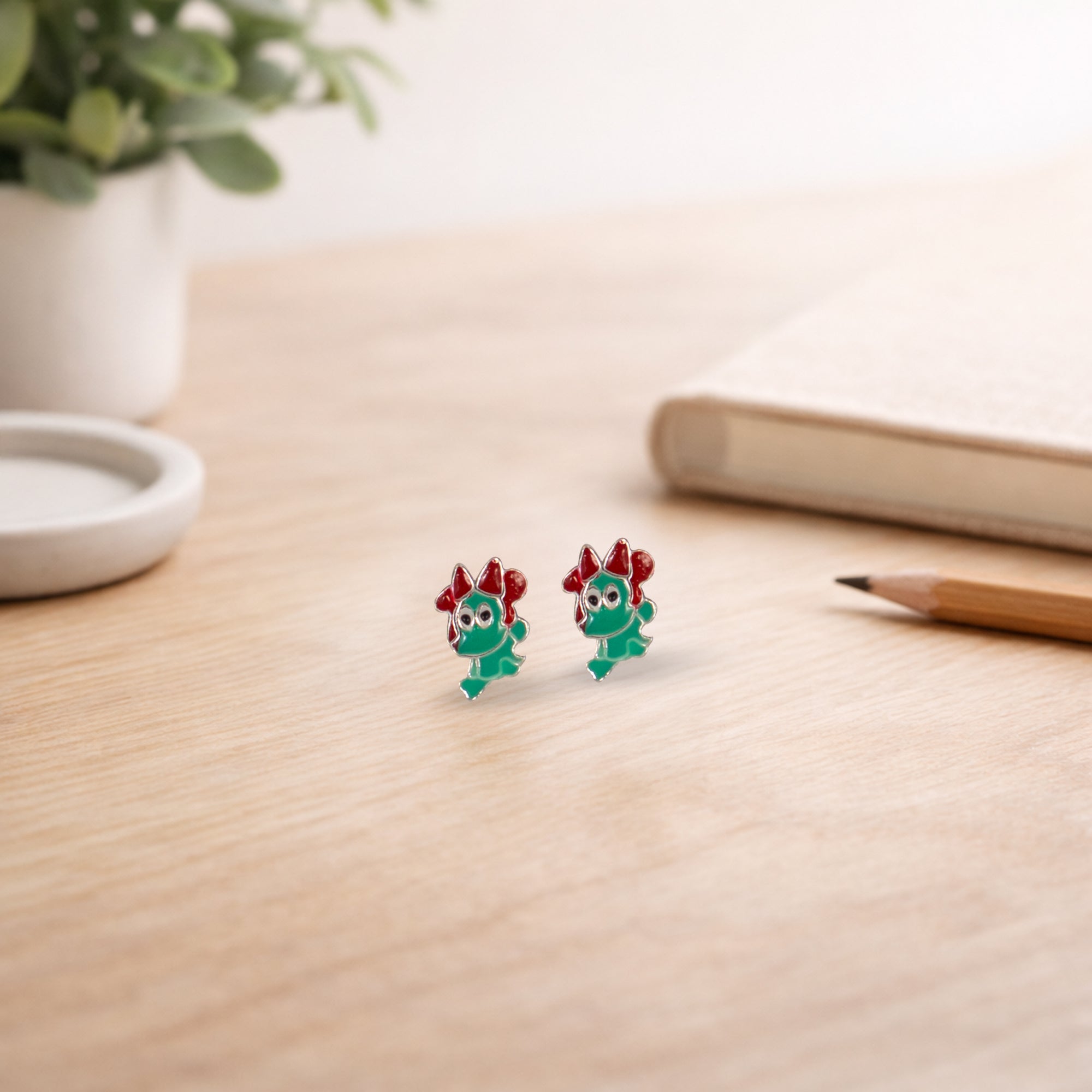 Cute Green Cartoon Stud Earrings for Kids | 925 Sterling Silver Enamel Earrings